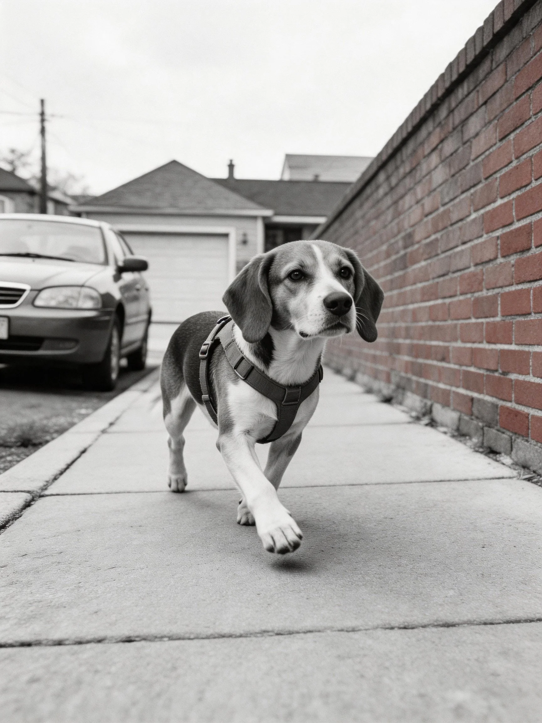 A beagle in a harness walks along a brick-lined sidewalk near parked cars