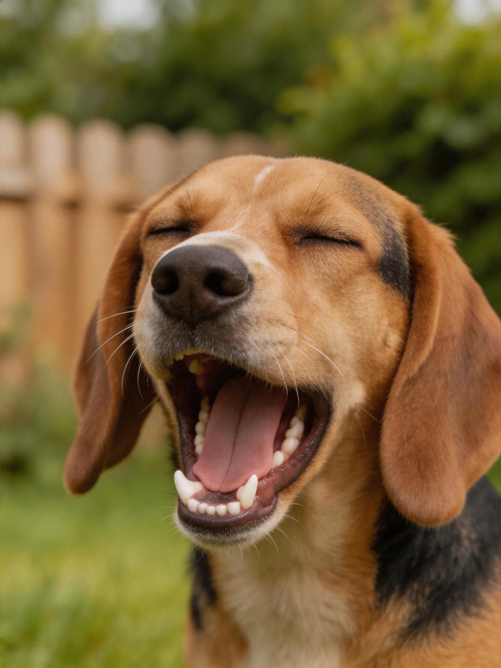 A beagle - like dog yawning with eyes closed outdoors