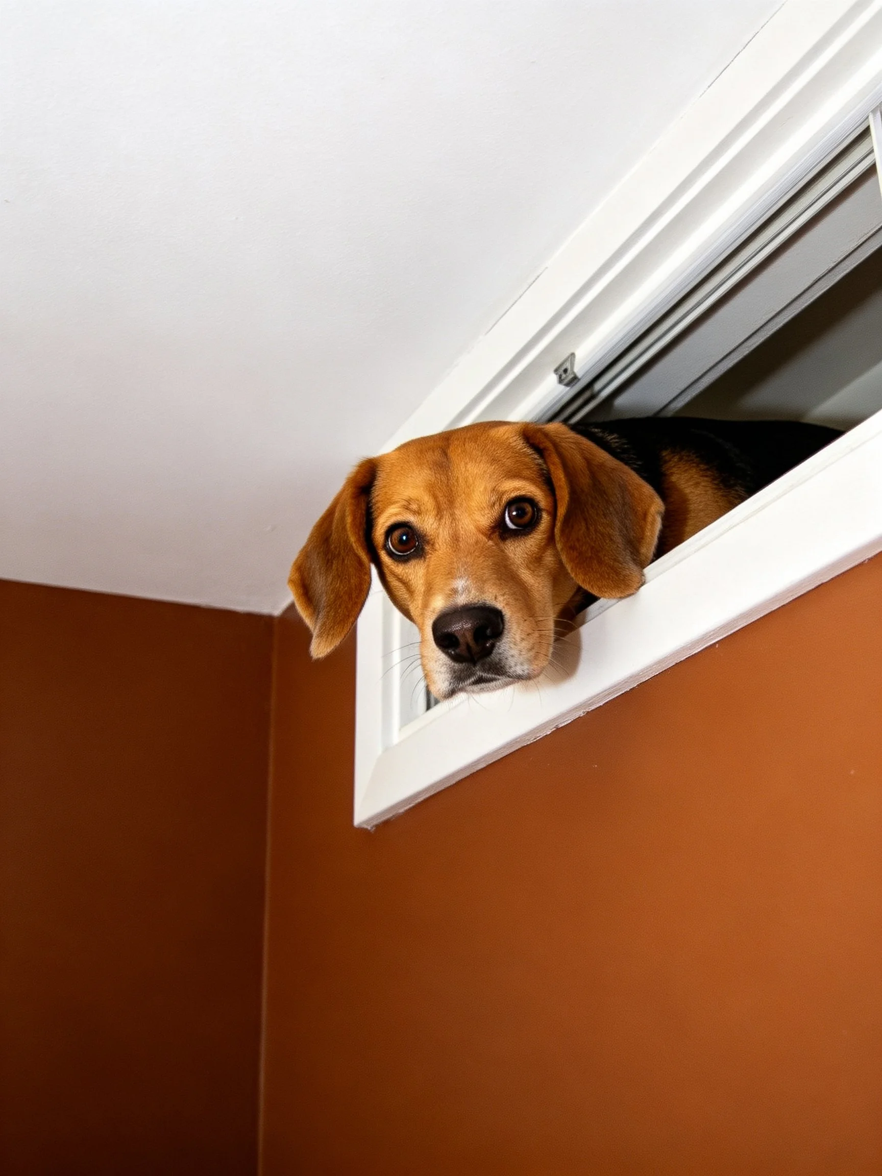 A beagle peeks from a white-framed window above a brown wall