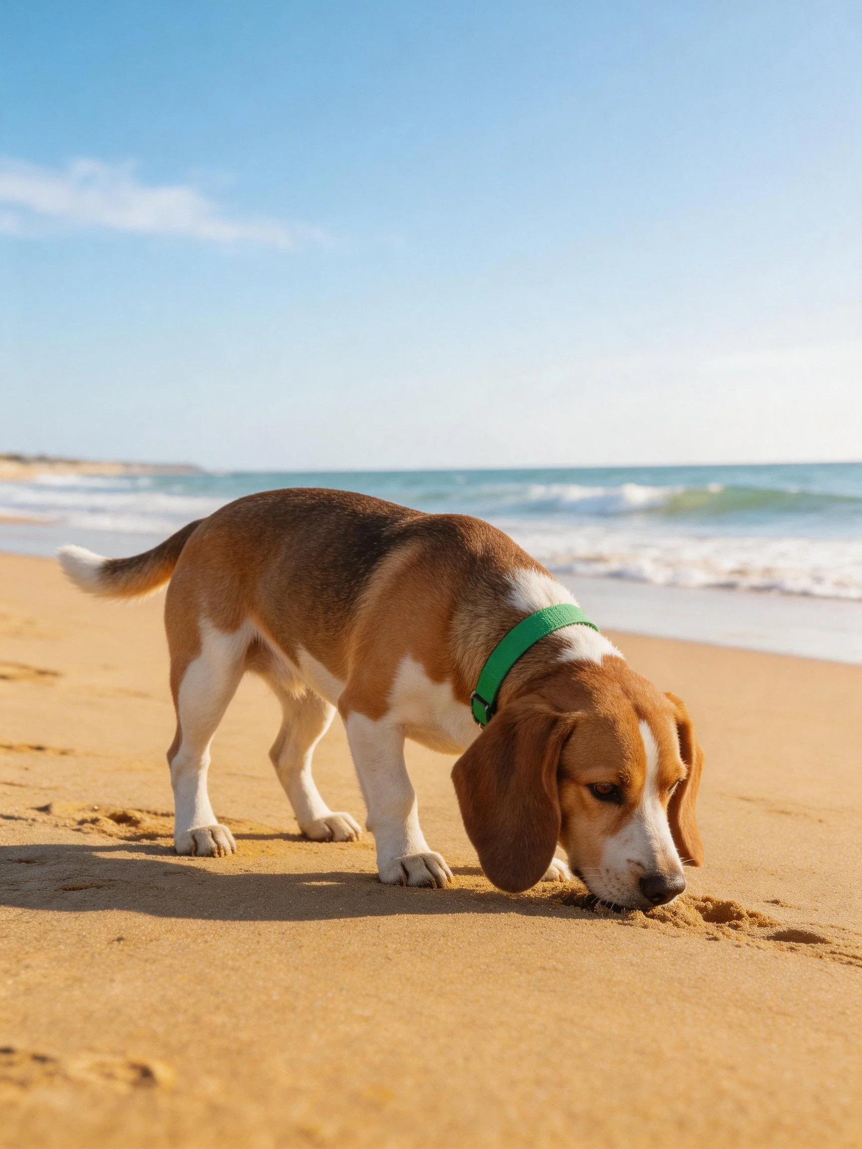 A beagle puppy explores sandy shores near the ocean waves