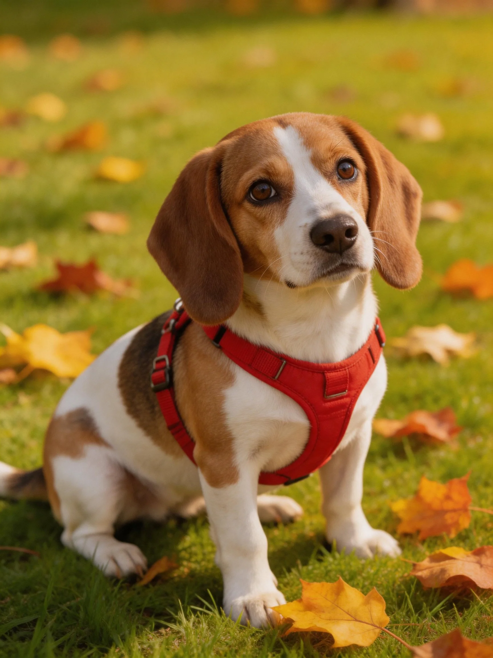 A beagle puppy in a red harness sits calmly among fallen autumn leaves.