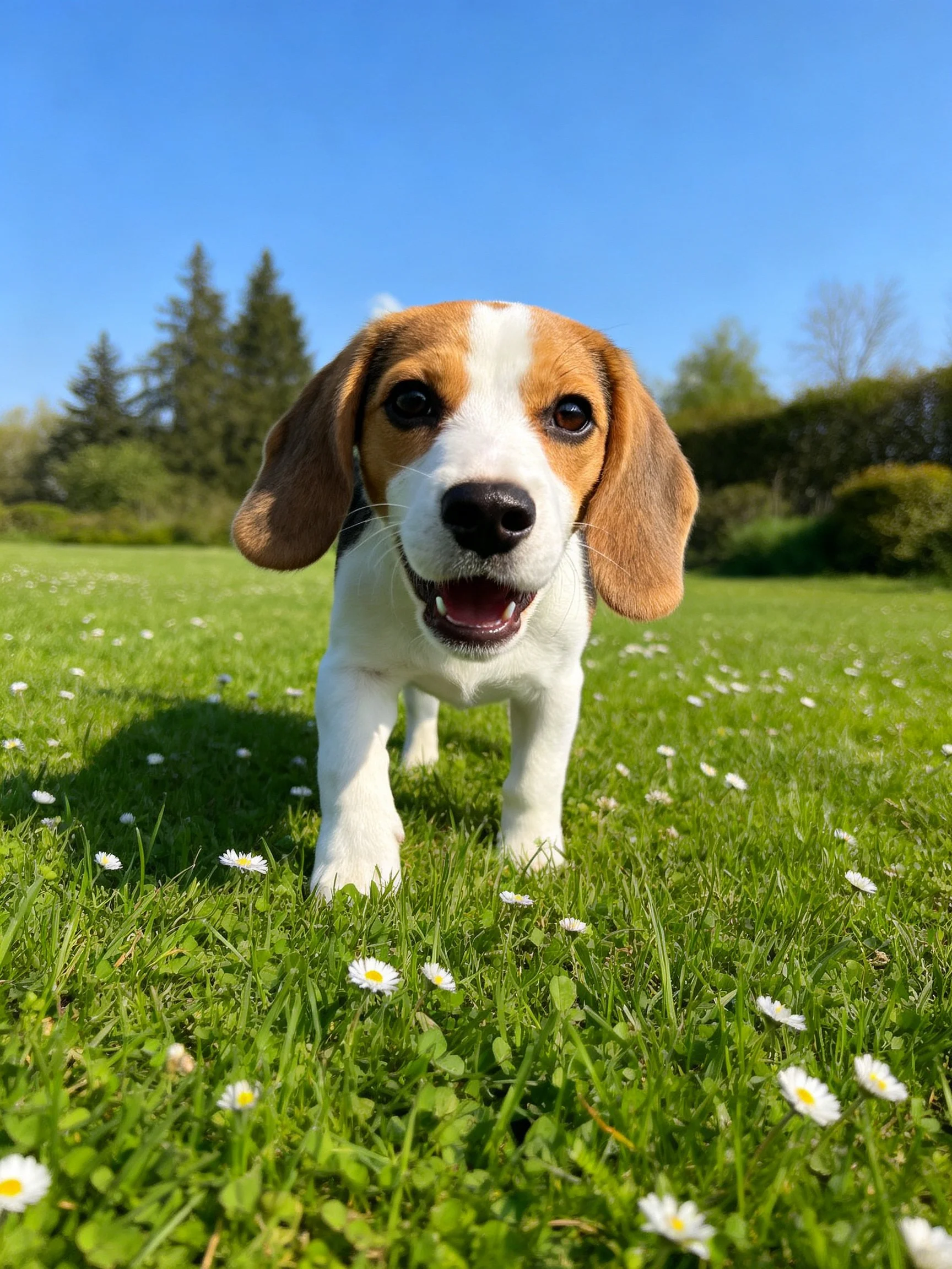 A beagle puppy stands on a daisy-dotted green meadow beneath a clear blue sky