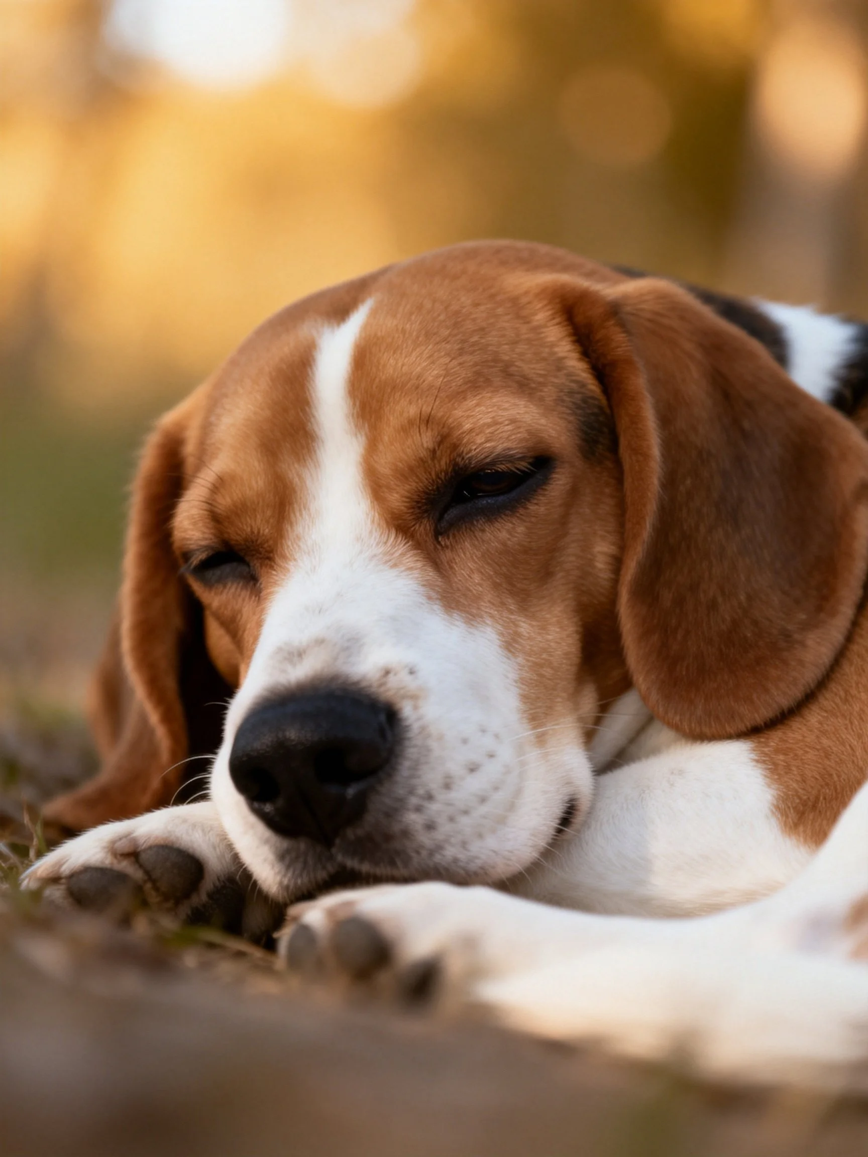 A beagle resting outdoors with brown, white fur