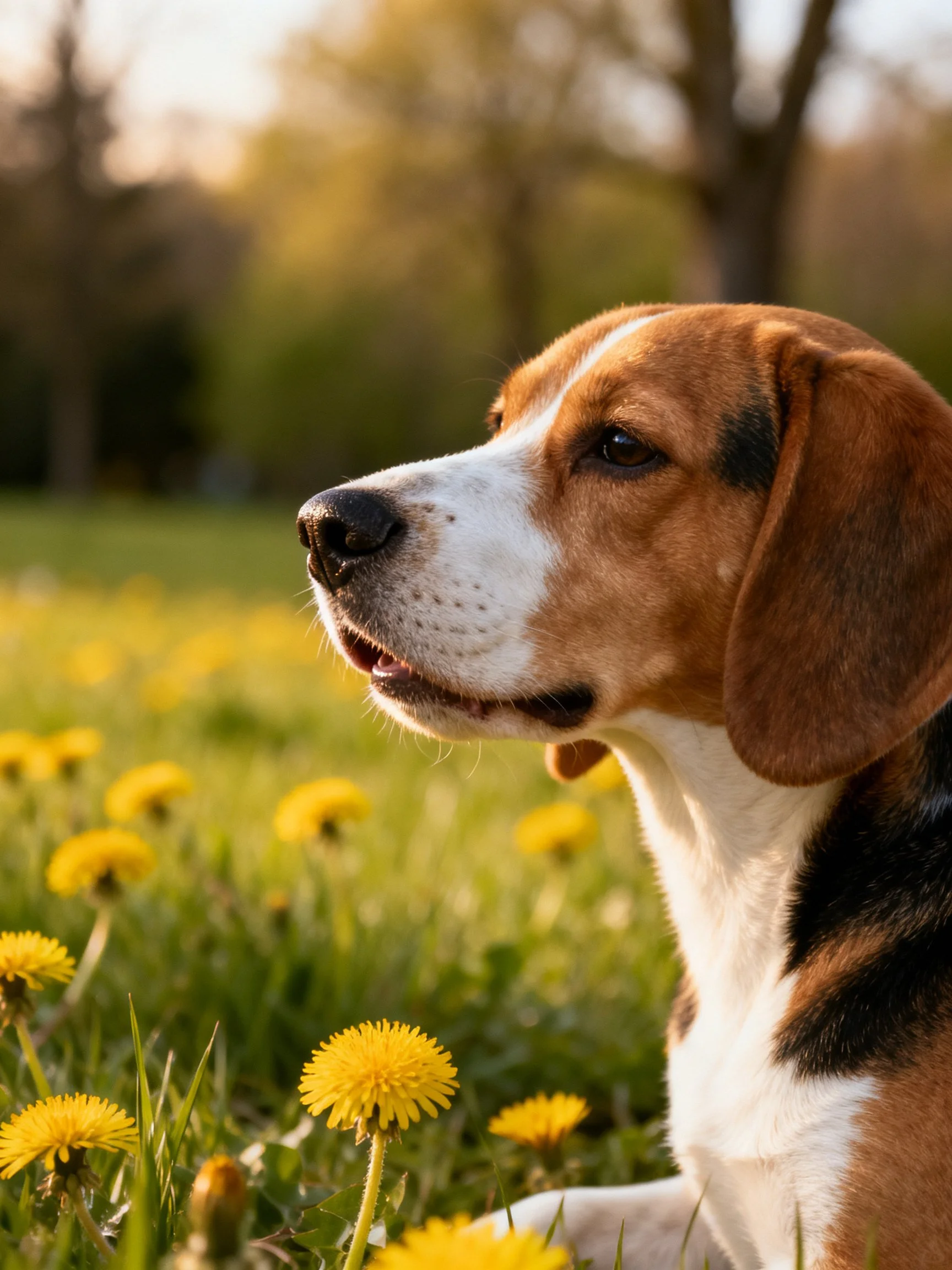 A beagle rests amid bright yellow dandelions in a sunlit meadow