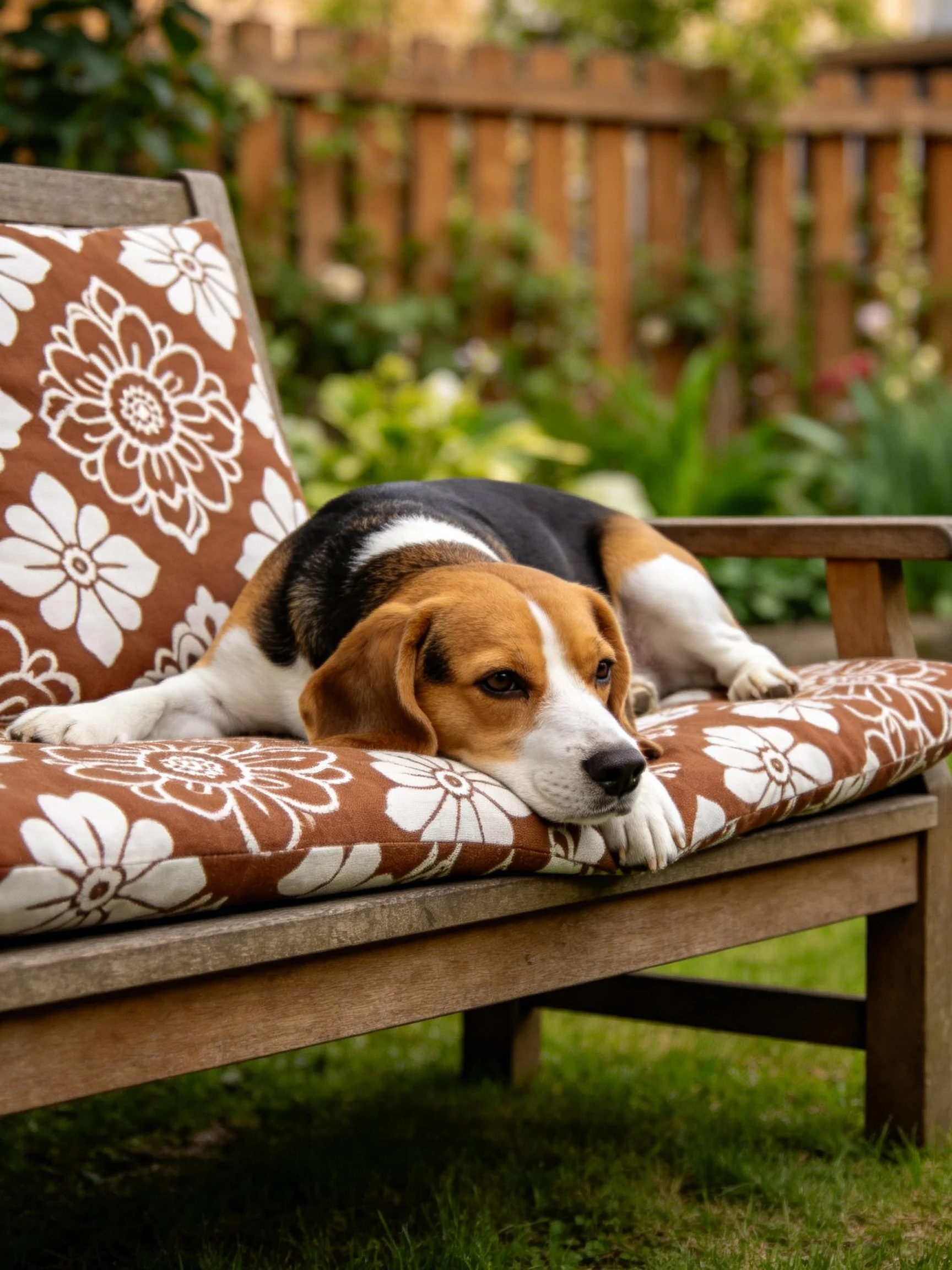 A beagle rests on a brown floral-patterned wooden bench in a garden