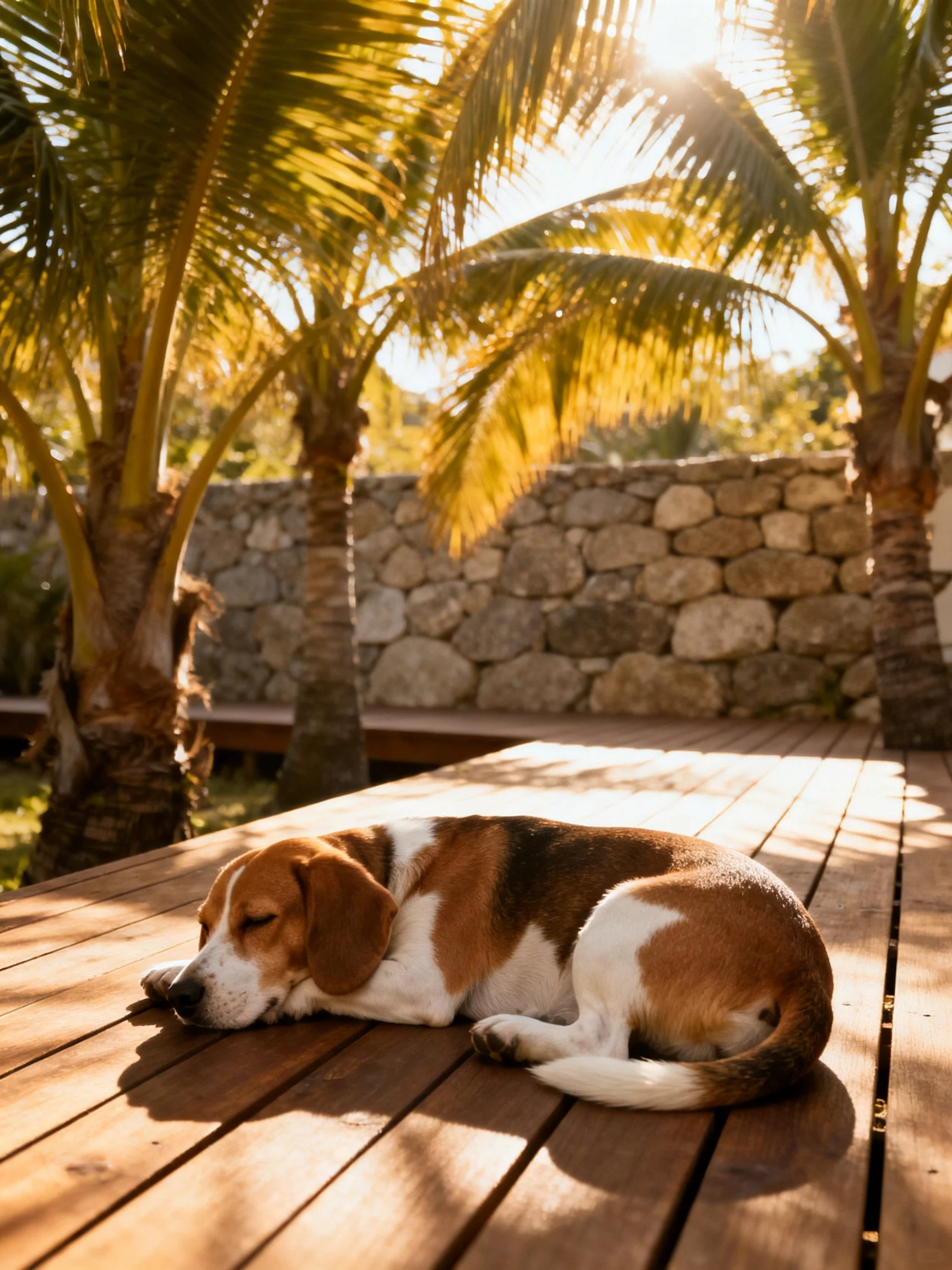 A beagle rests on a wooden deck amid palm trees and a stone wall