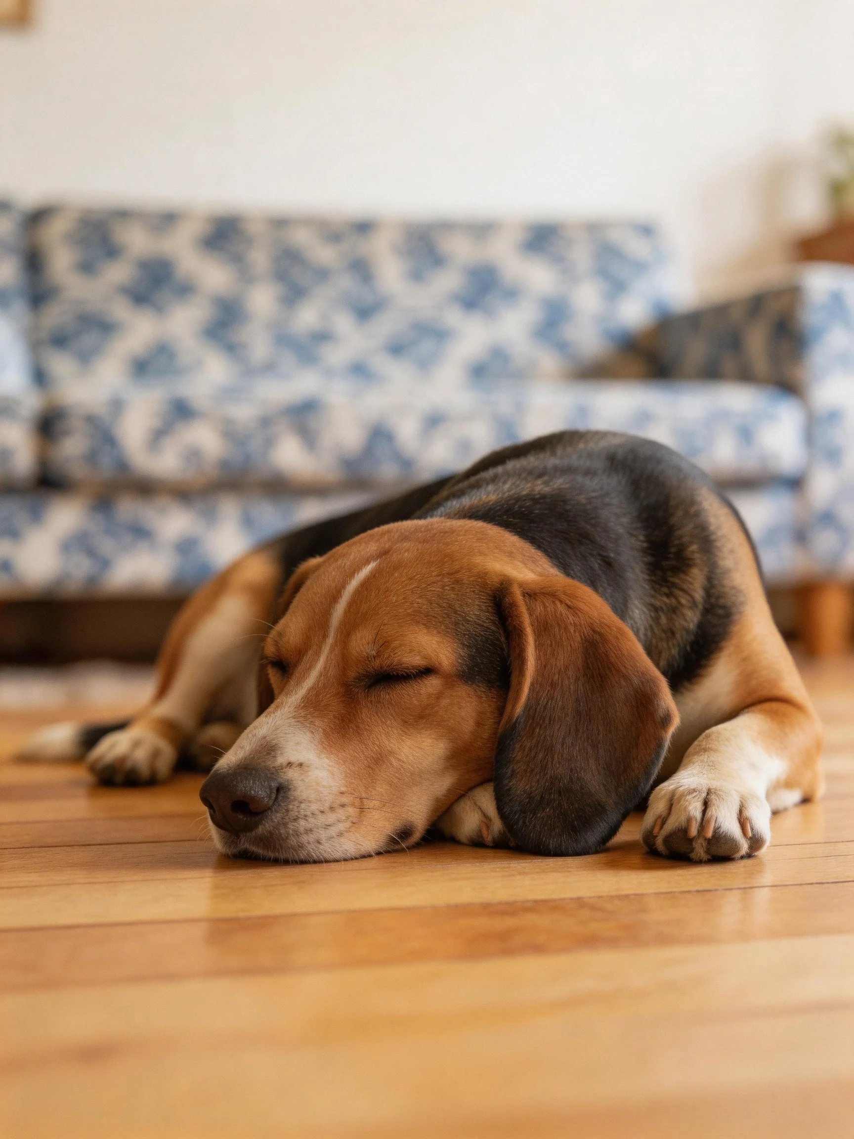 A beagle rests on a wooden floor beside a blue floral sofa