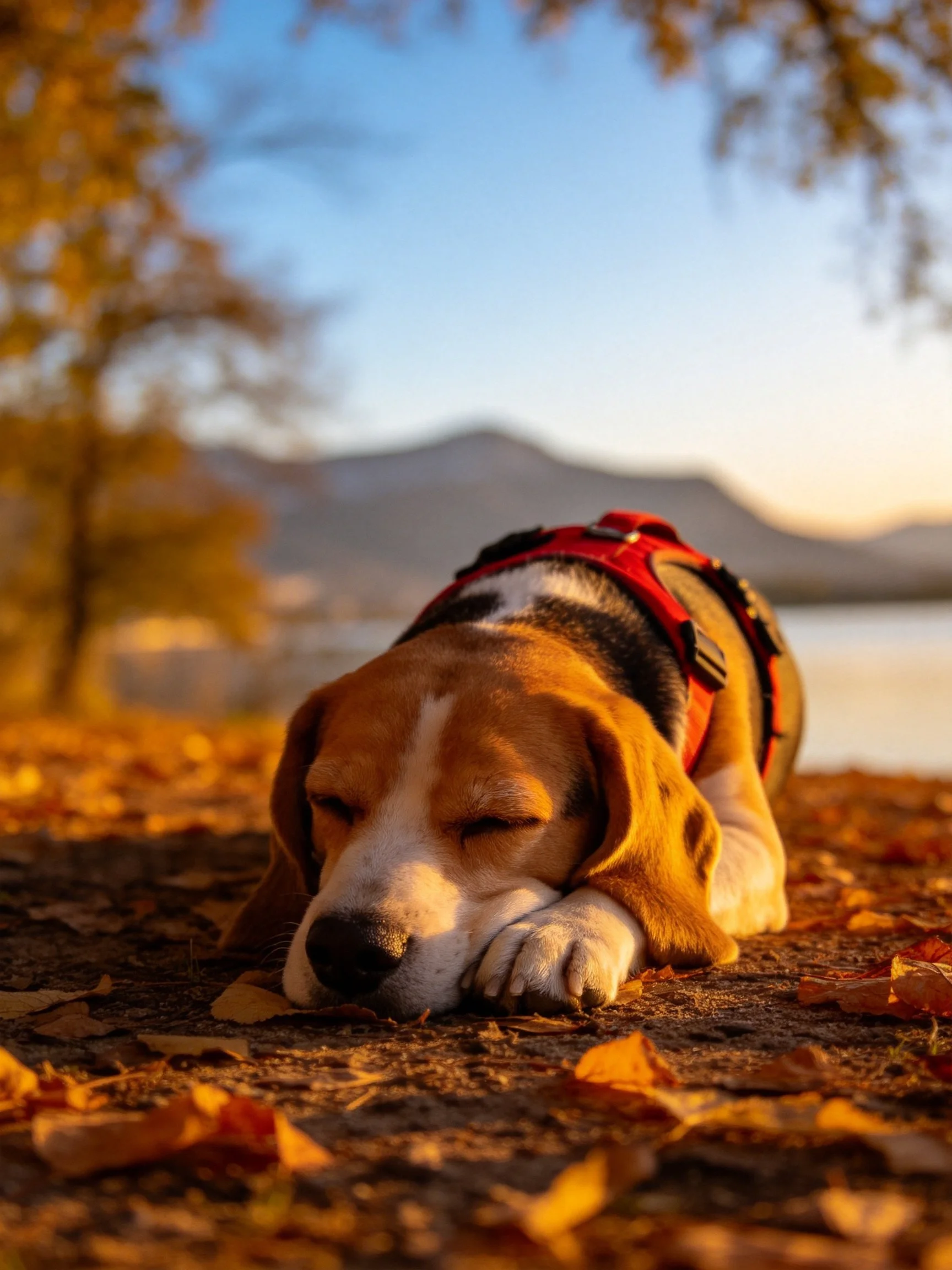 A beagle rests on fallen autumn leaves by a serene lakeside