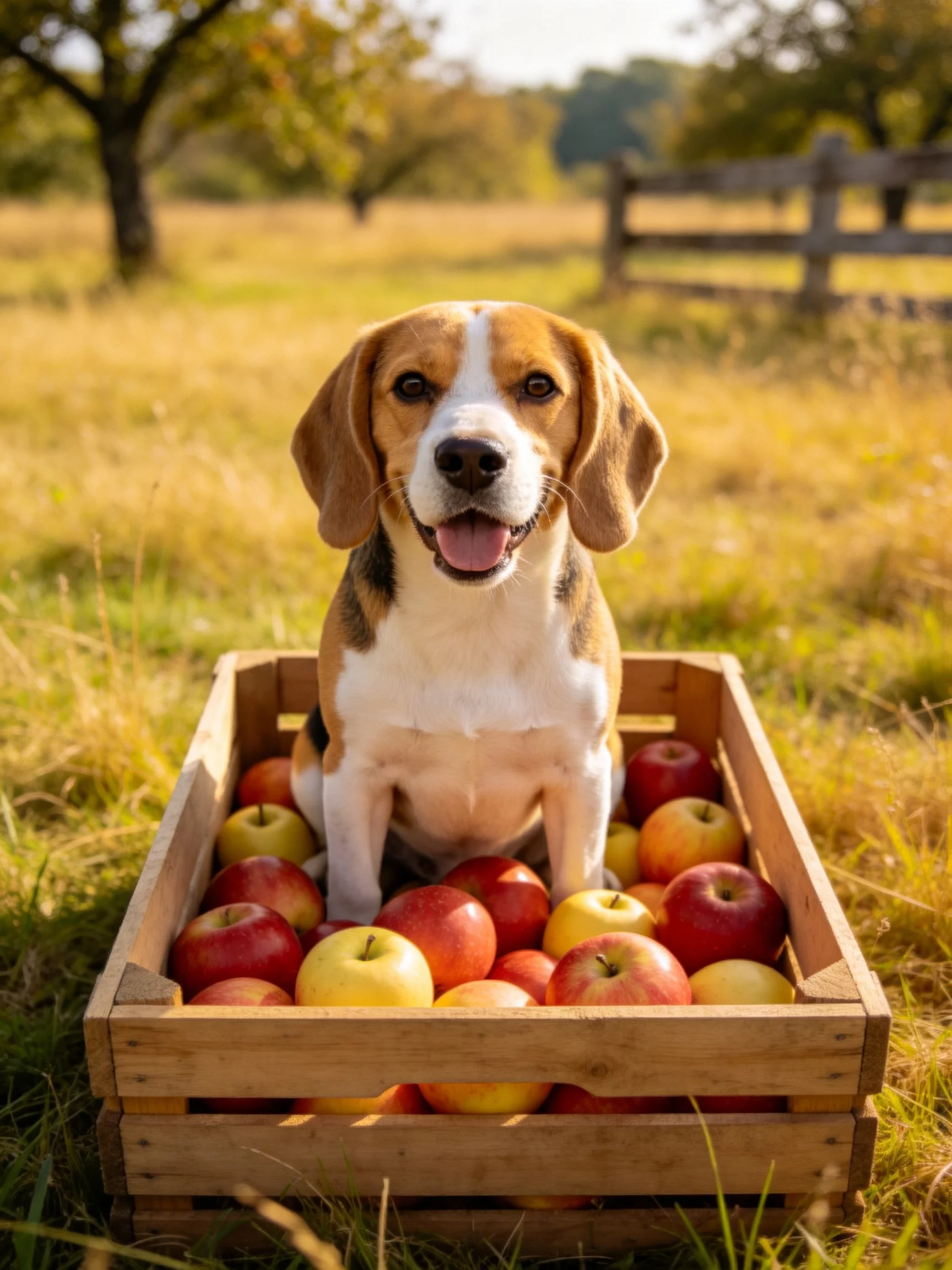 A beagle sits in a wooden crate of red and yellow apples outdoors