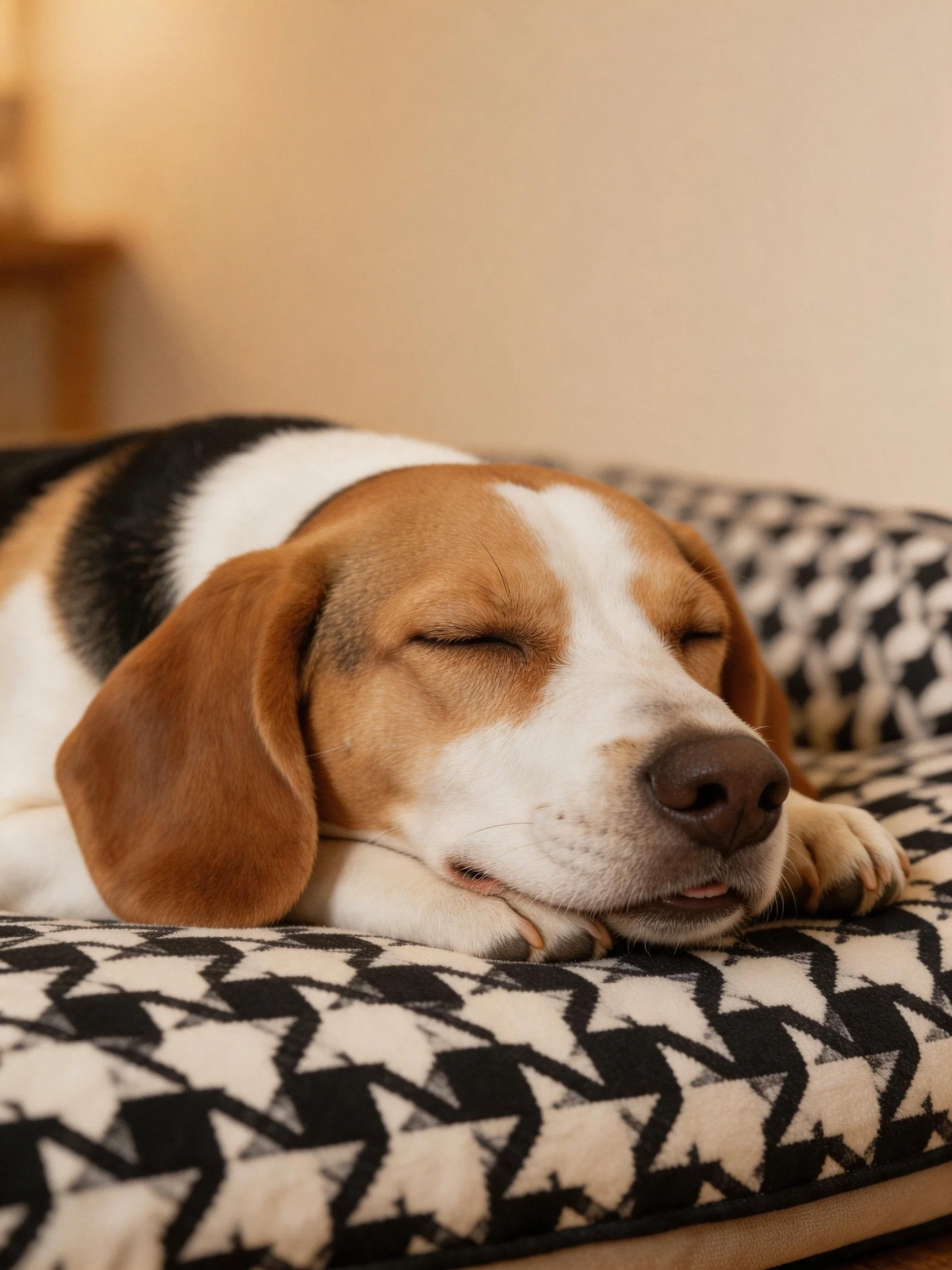 A beagle sleeps contentedly on a houndstooth-patterned bed