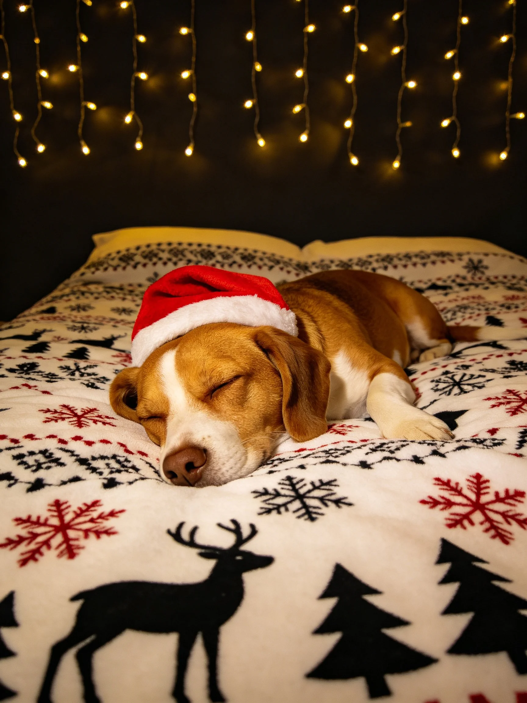 A beagle sleeps on a festive bed with a Santa hat, snowflakes, and twinkling lights