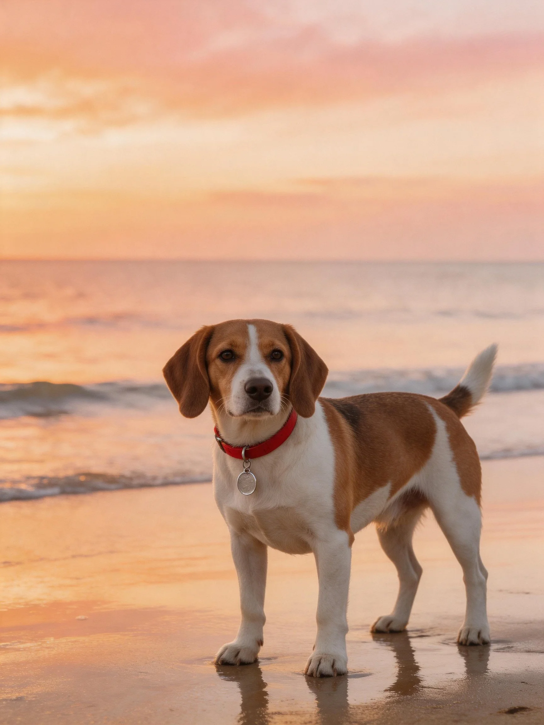A beagle stands on a sandy beach during sunset