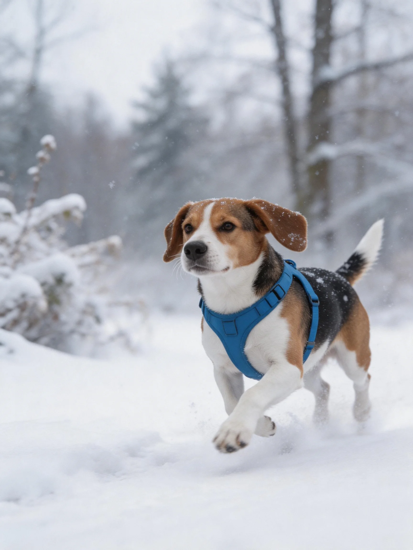 A beagle runs energetically through a snowy landscape.