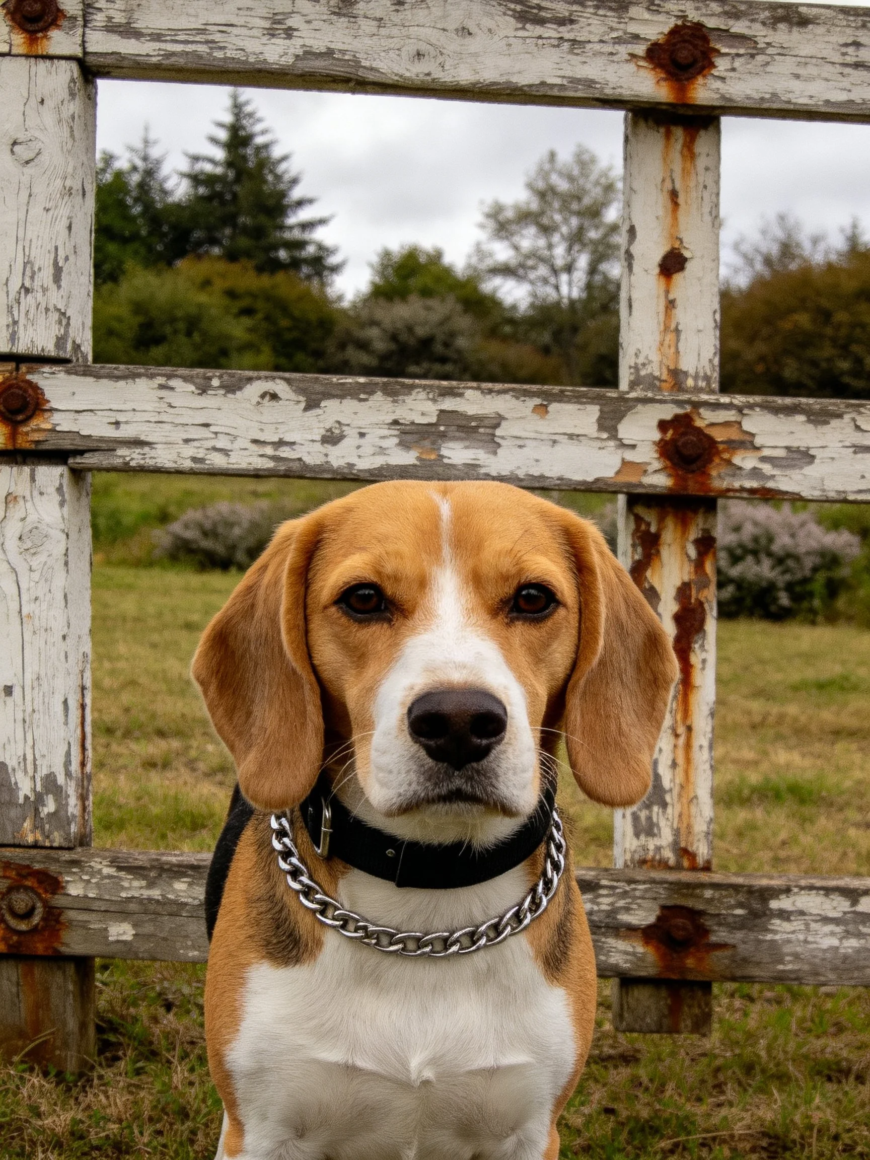 A beagle with a chain collar is positioned in front of an aged wooden fence.