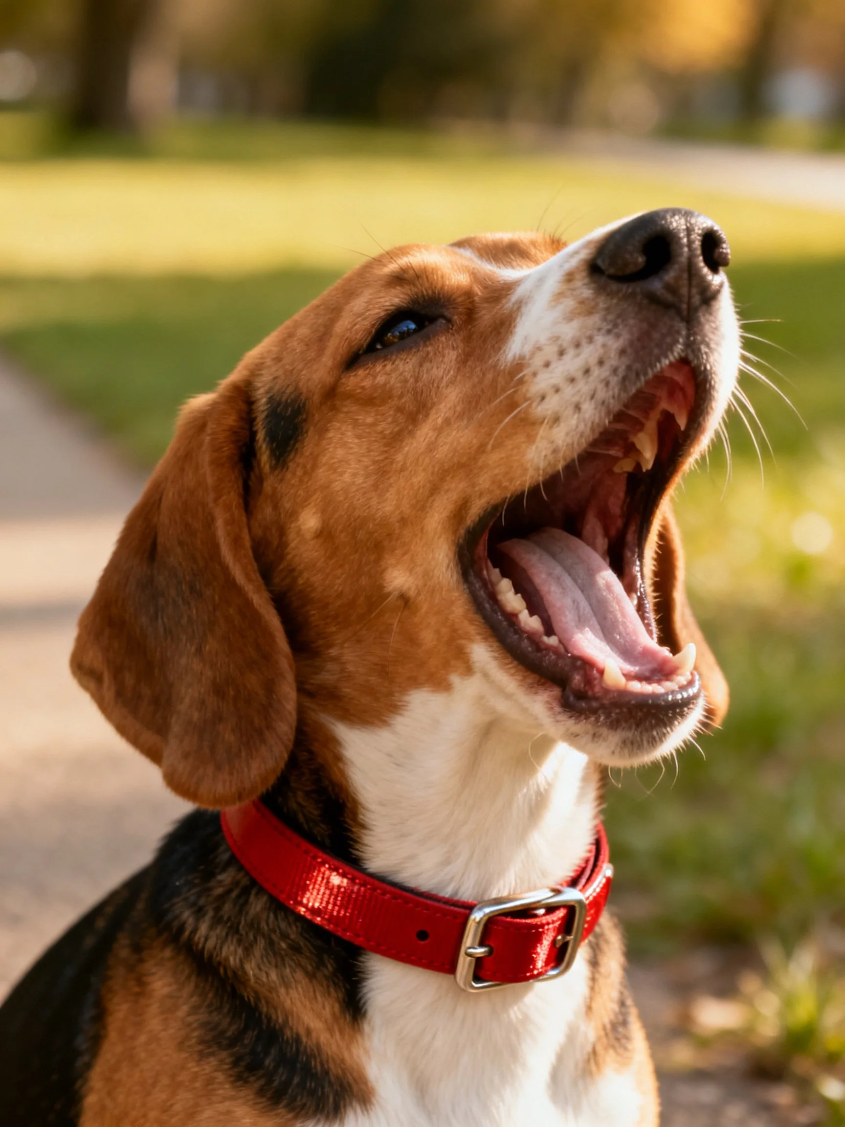 A beagle with a red collar yawning in a sunny outdoor area