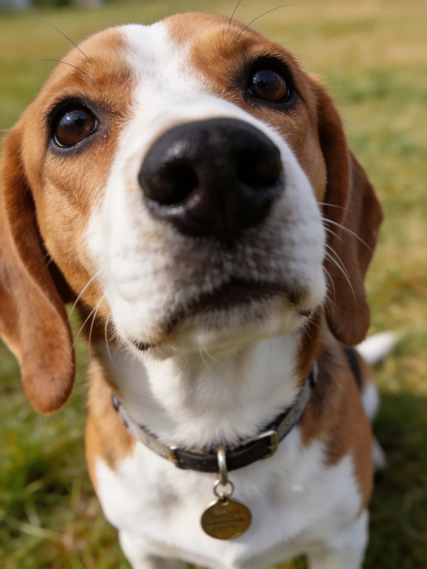 A close - up of a beagle with brown and white fur gazing upward.