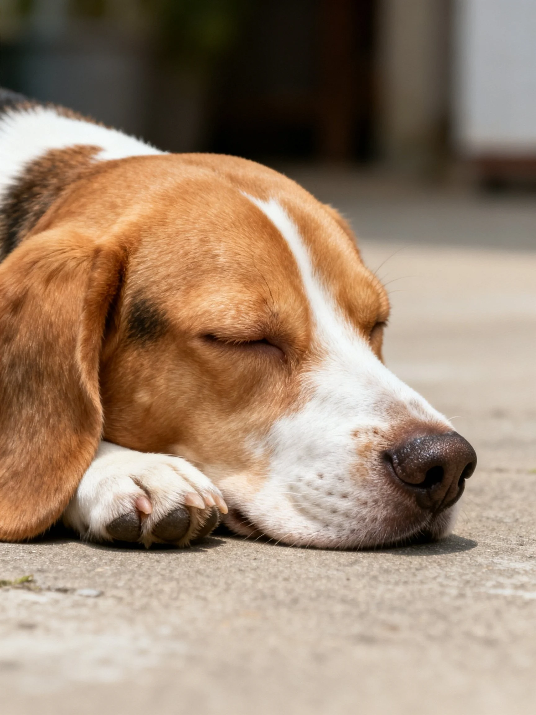 A beagle with brown and white fur sleeping outdoors