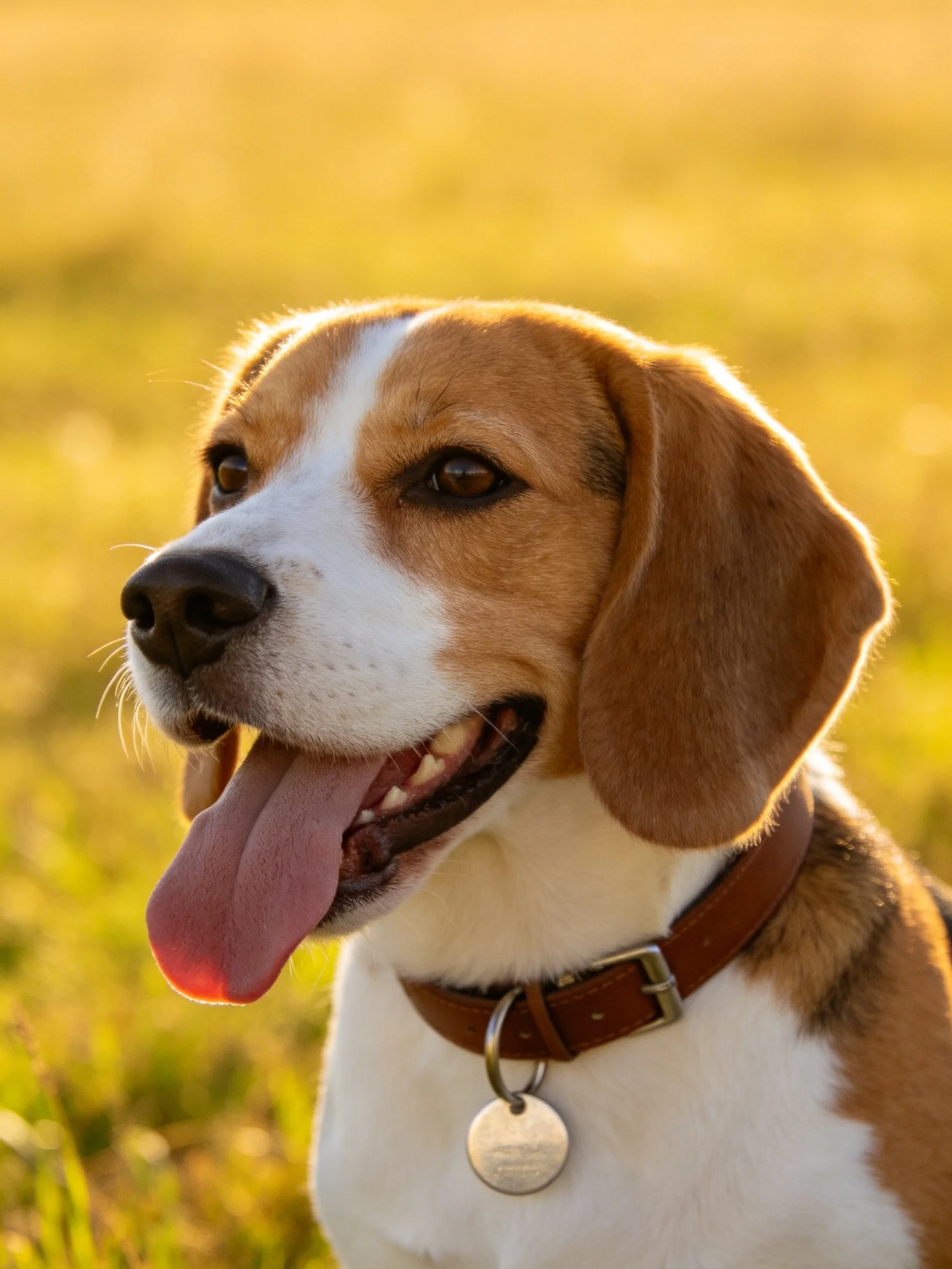 A beagle with brown and white fur is in a sunlit outdoor environment.