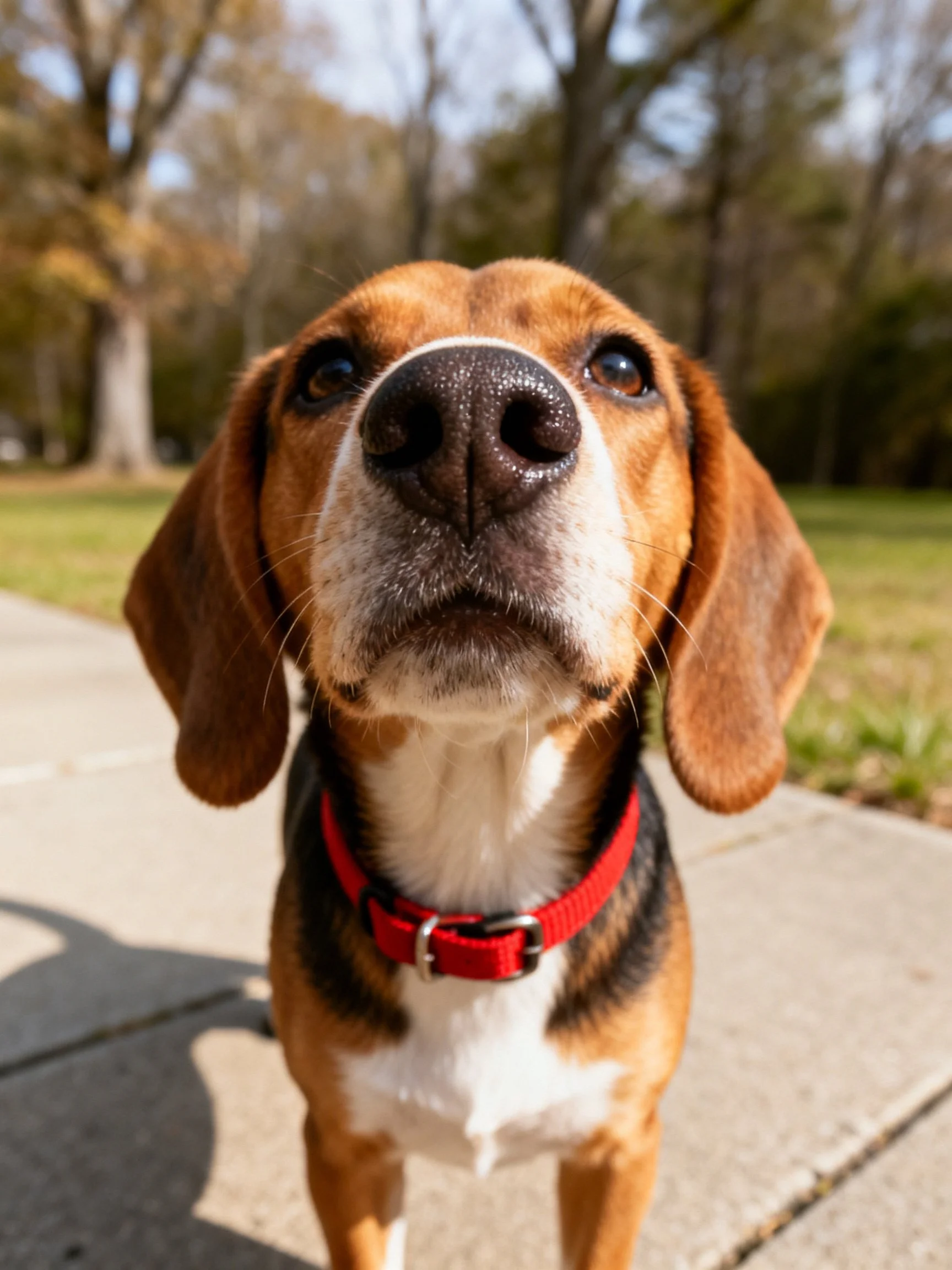 A beagle with a red collar stands on a paved area with greenery and trees in the background