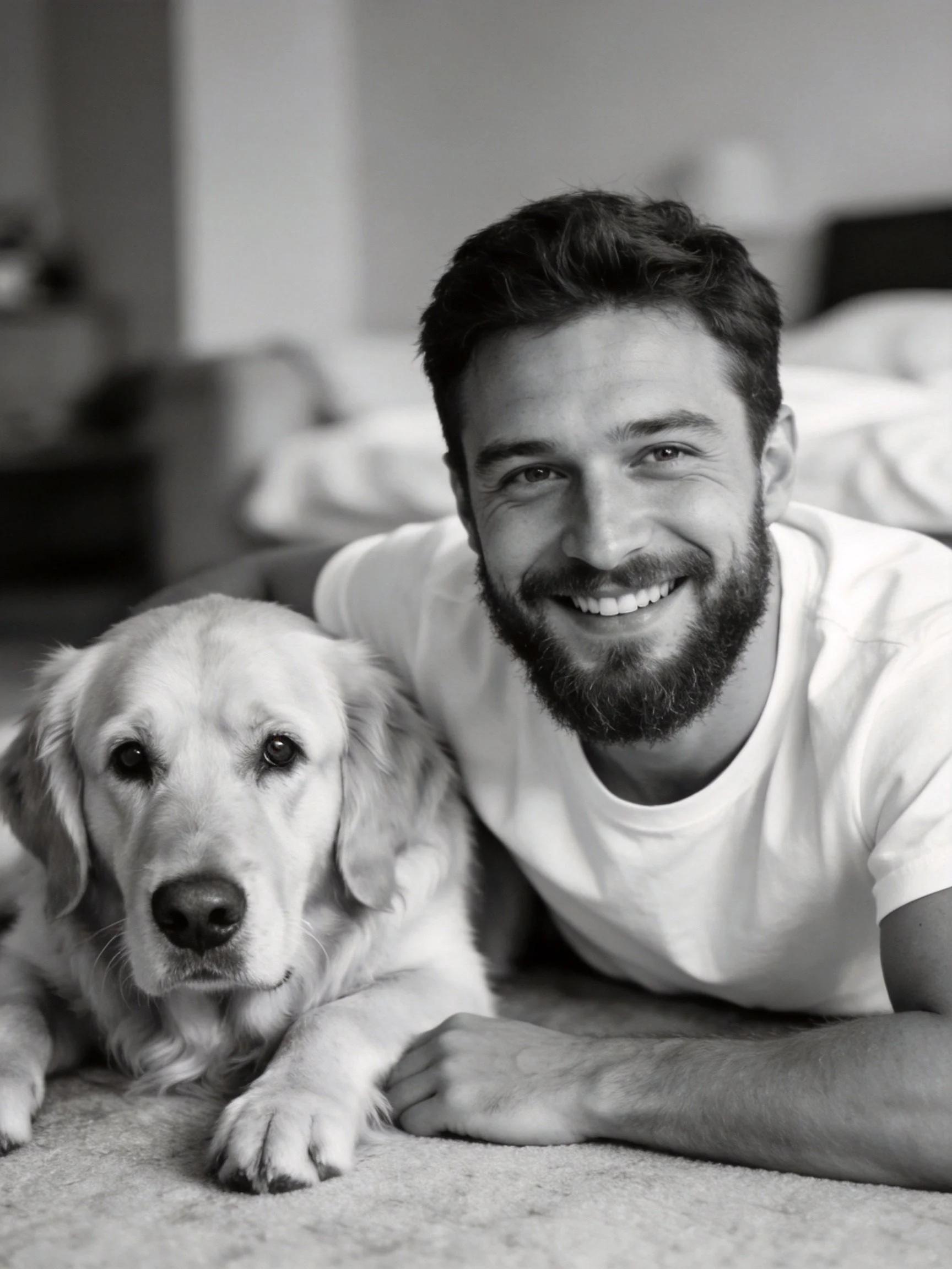 A bearded man in a white shirt relaxes with his golden retriever in an indoor setting