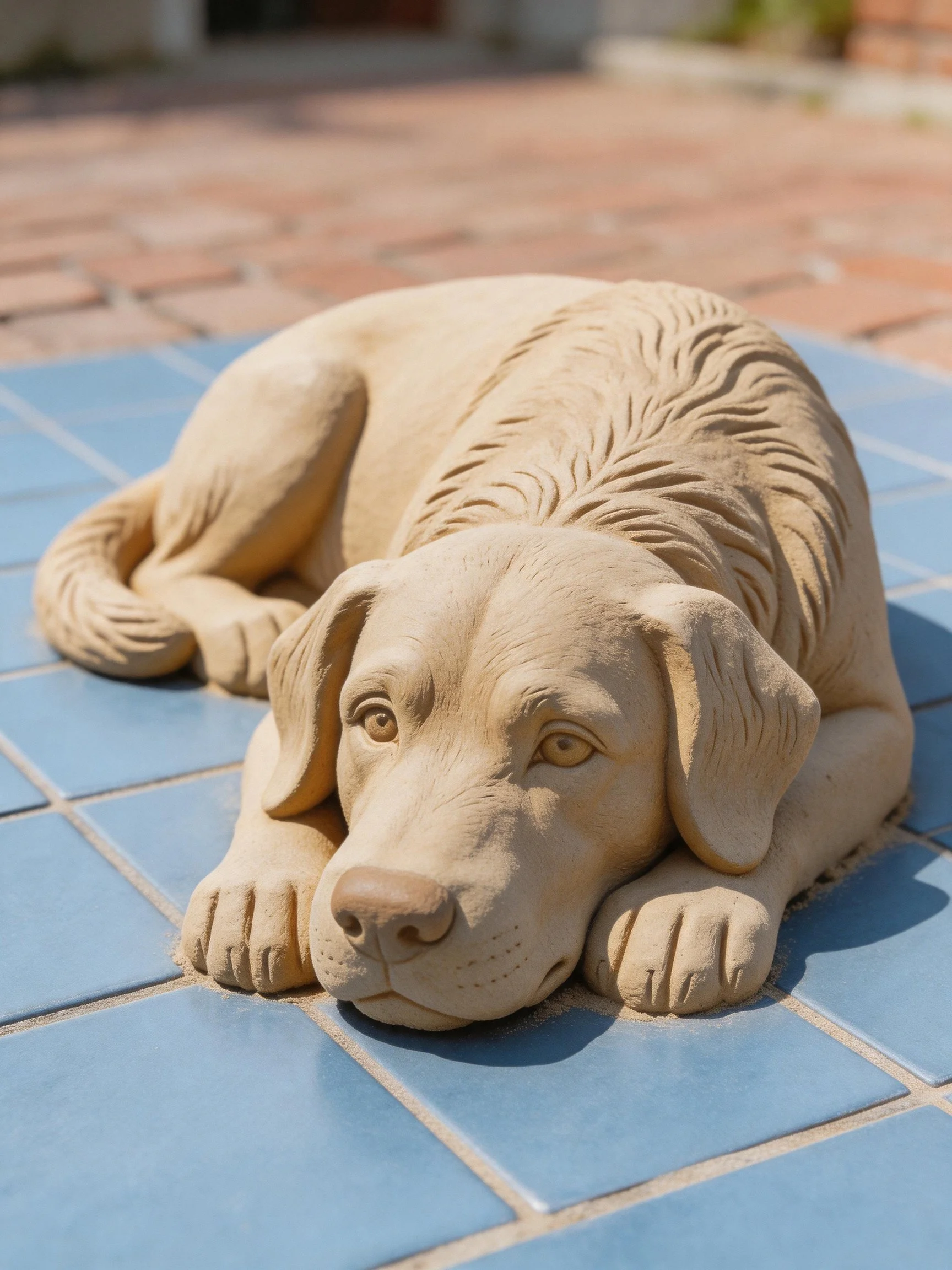 A beige dog statue lies on blue tiles in an outdoor area.
