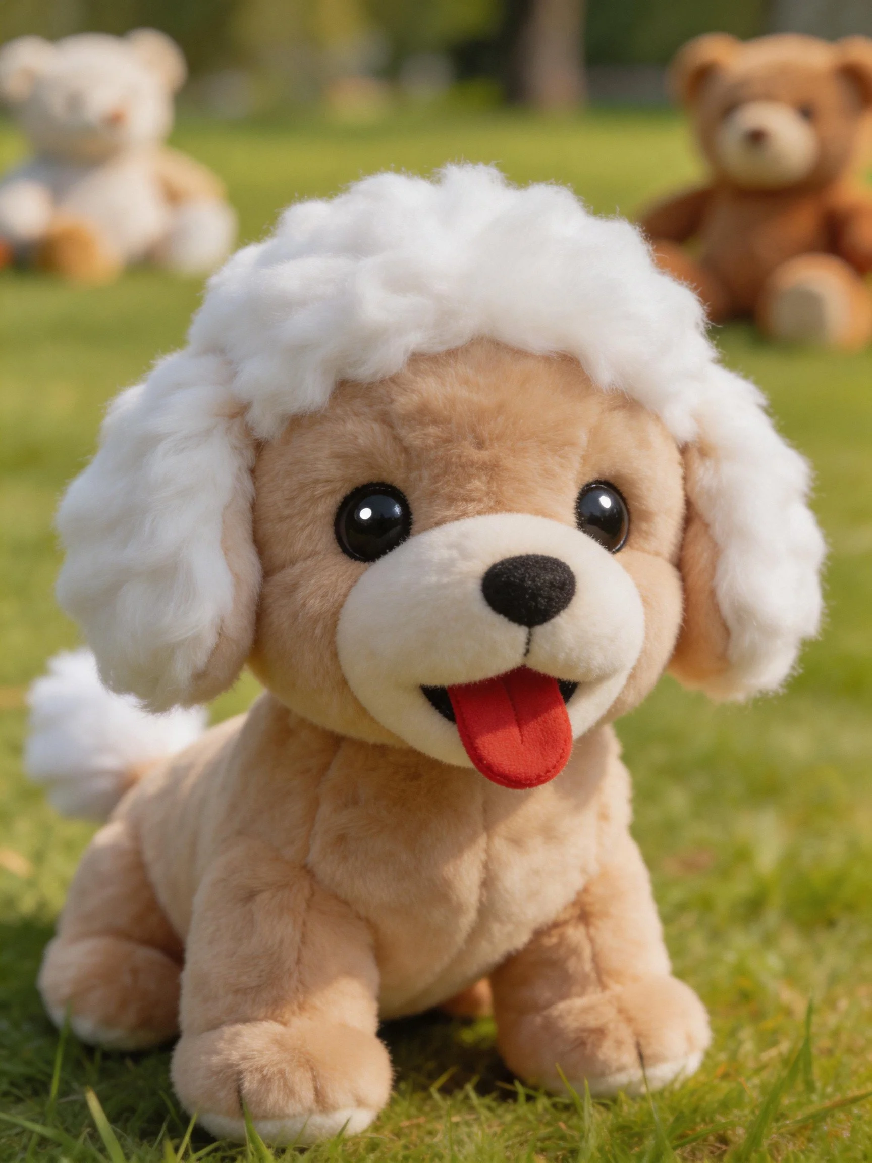 A beige plush dog with white fur accents sits on grass near teddy bears.