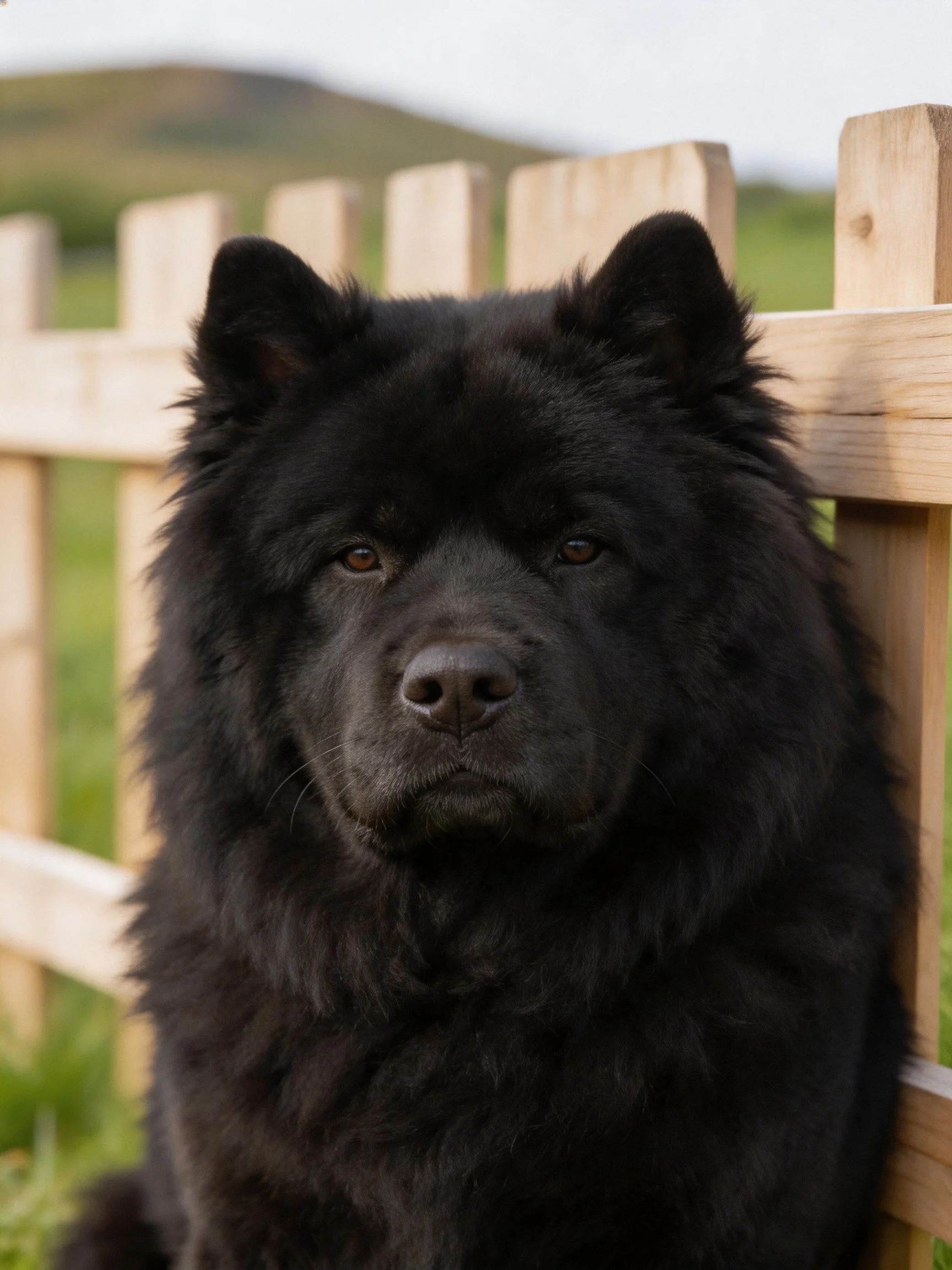 A black Chow dog with thick fur near a wooden fence