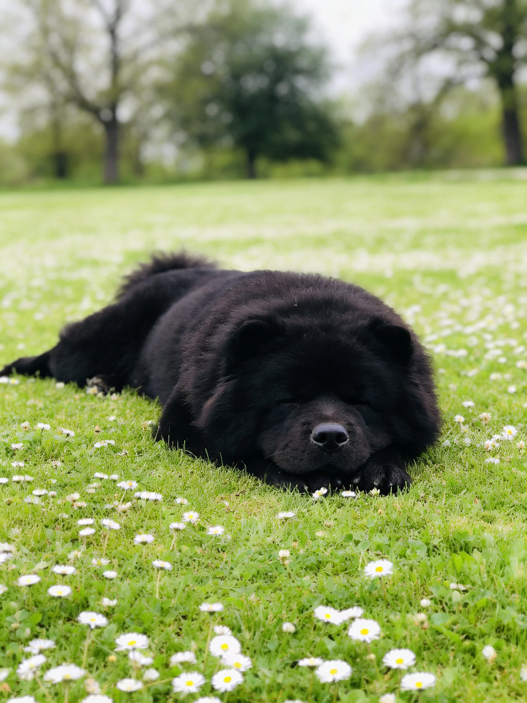 A black Chow rests on a flower-speckled green meadow