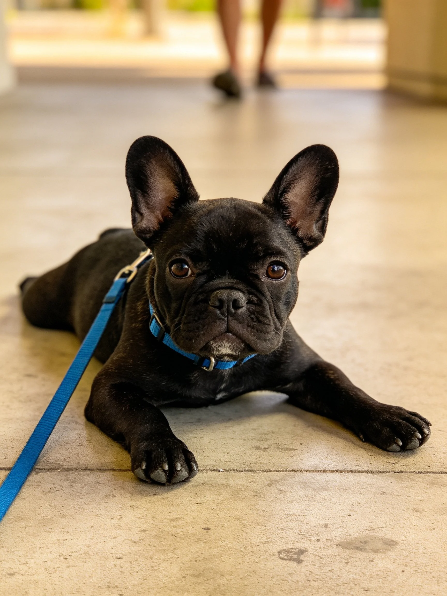 A black French Bulldog puppy rests on a tiled floor with a blue leash