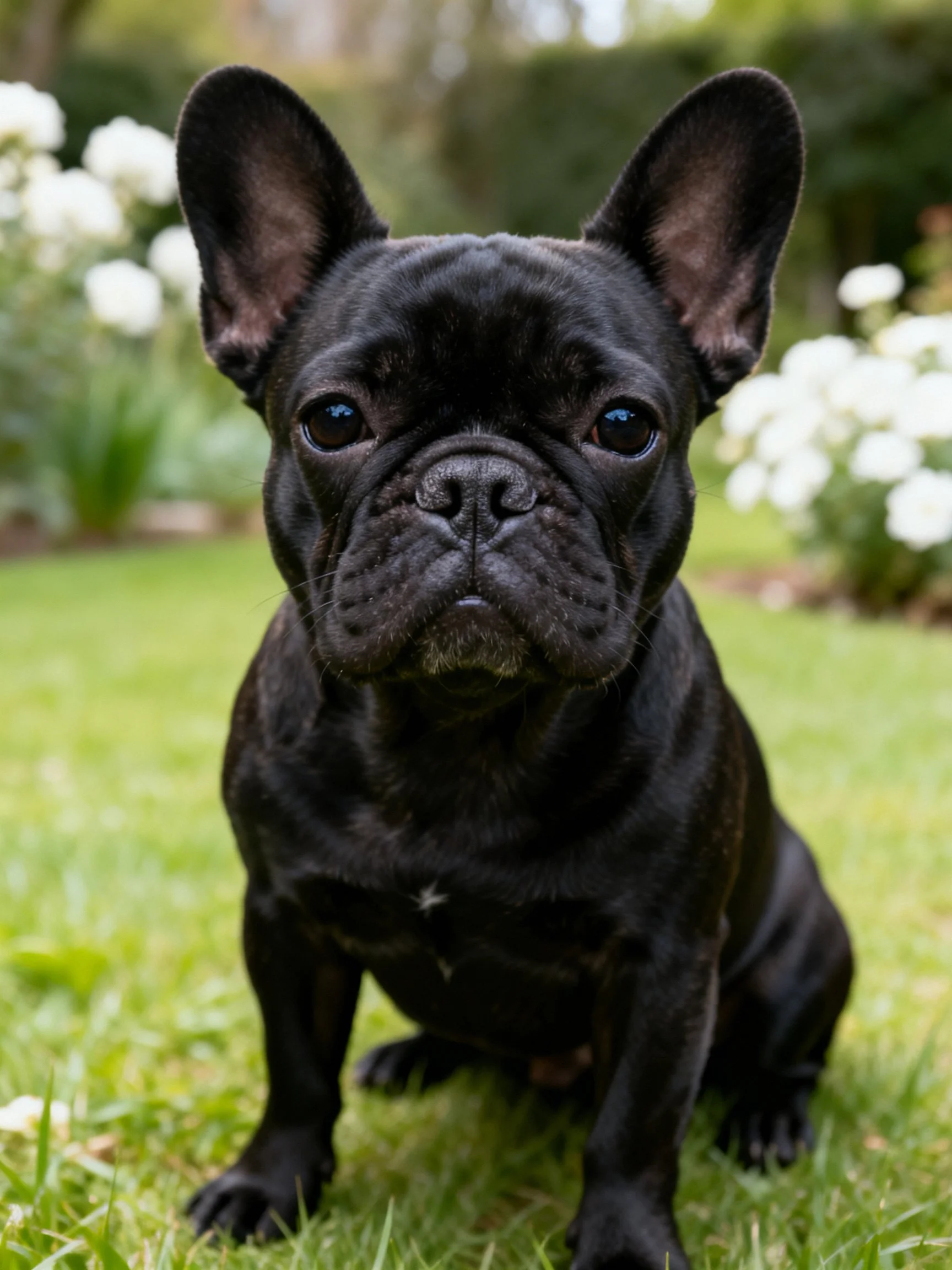A black French Bulldog sits calmly on green grass in a garden.