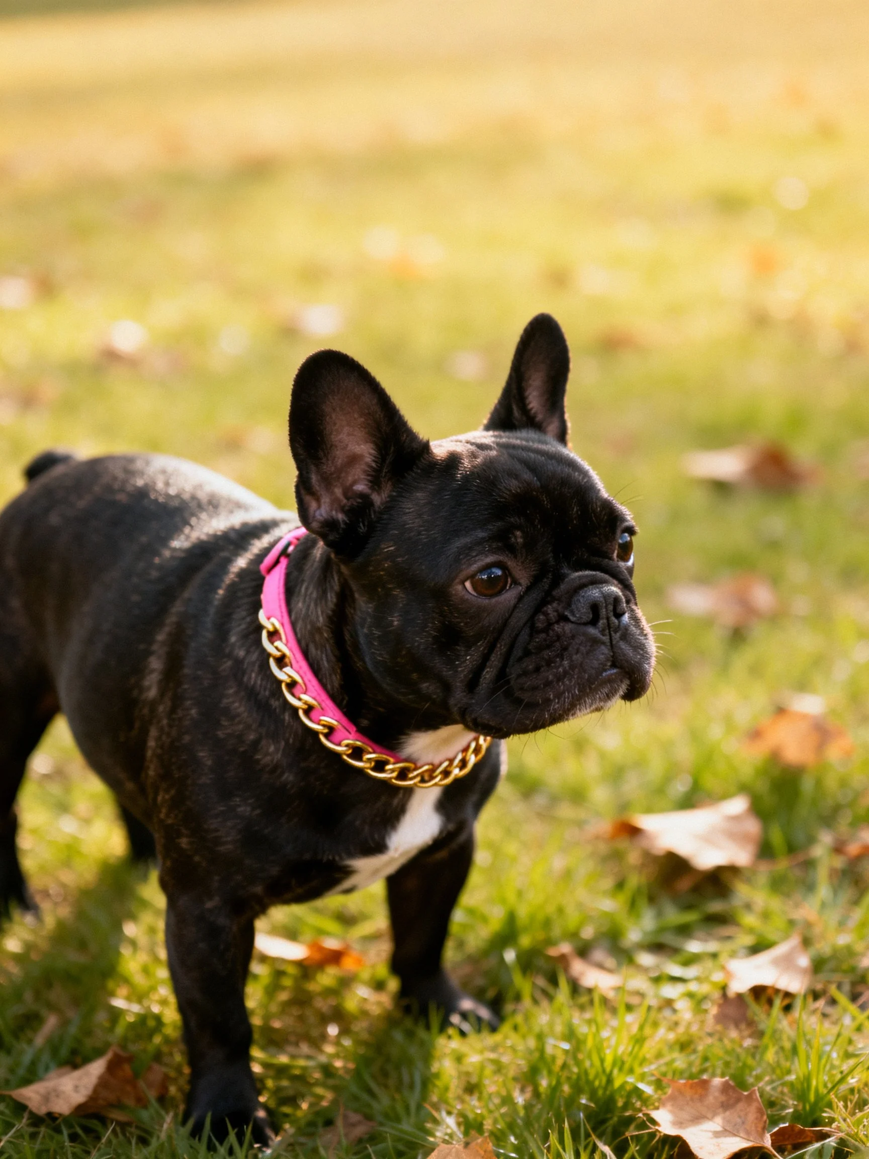 A black French Bulldog with a pink and gold collar stands on grass amid scattered autumn leaves.