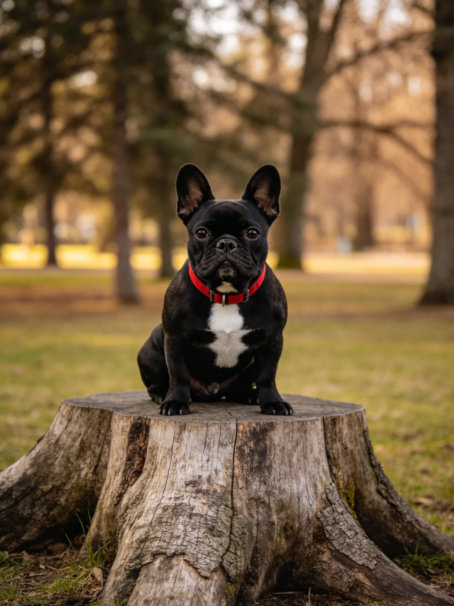 A black French Bulldog with a red collar sits on a weathered tree stump