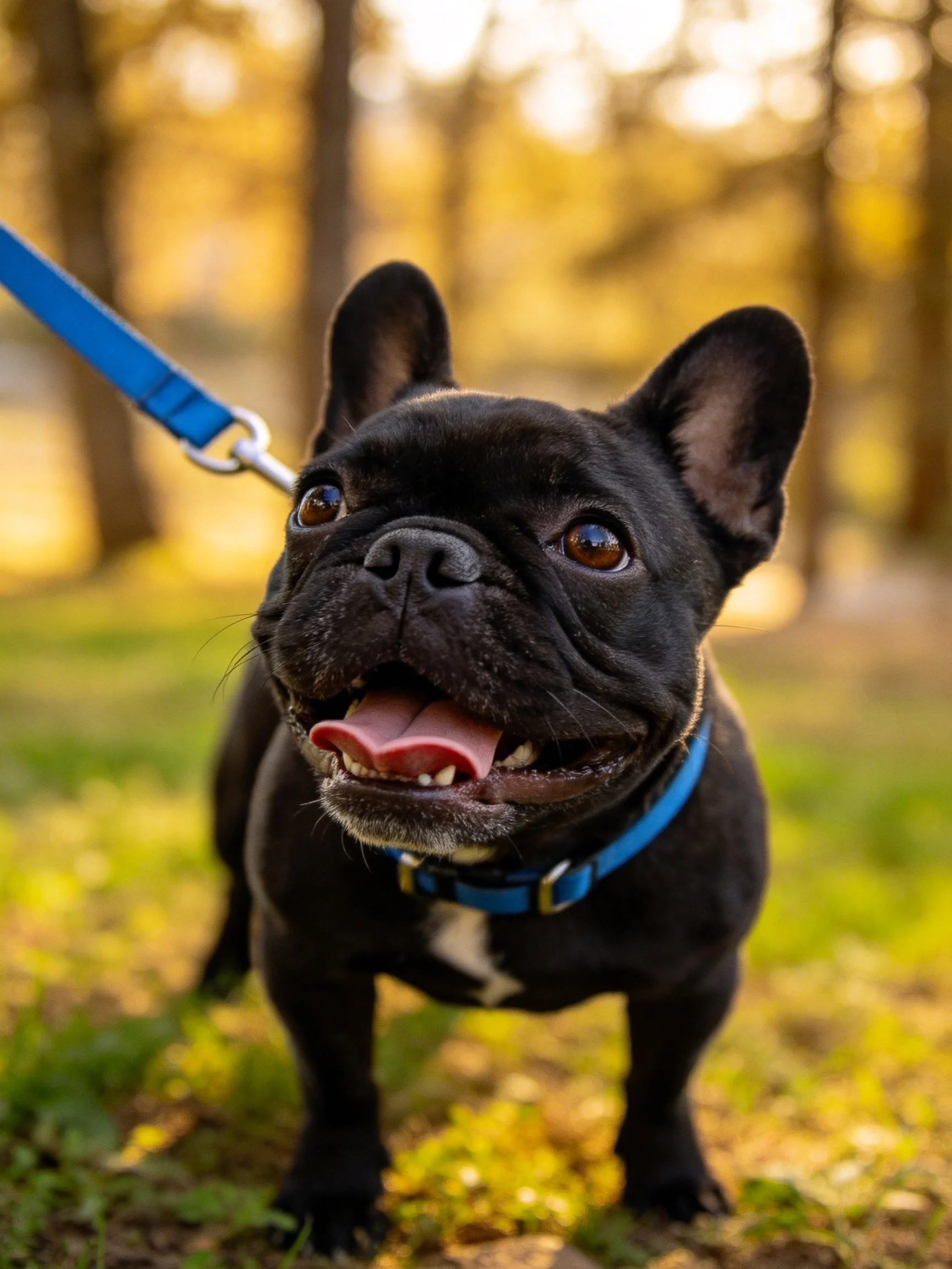 A black French Bulldog with a blue leash appears joyful in a sunlit outdoor setting.