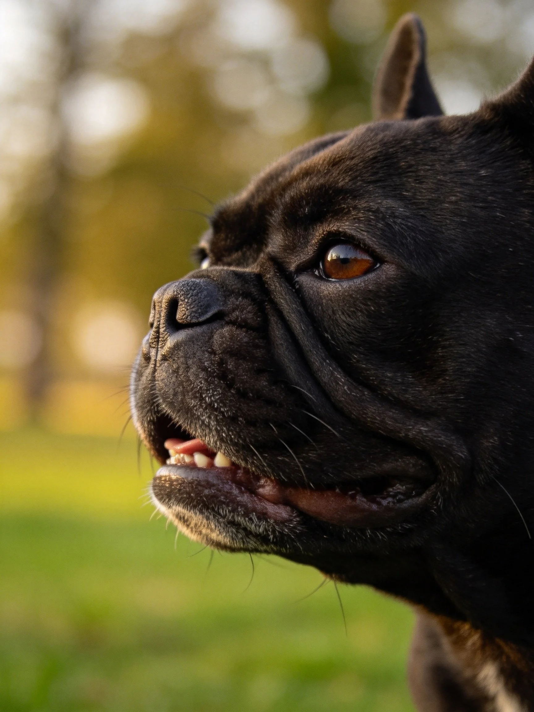 A black French Bulldogs profile against a blurred green backdrop