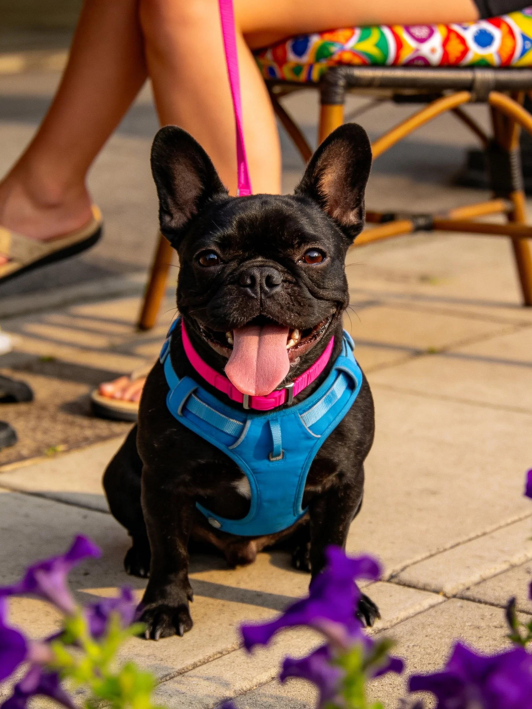 A black French bulldog in a blue harness sits outdoors near people and purple flowers