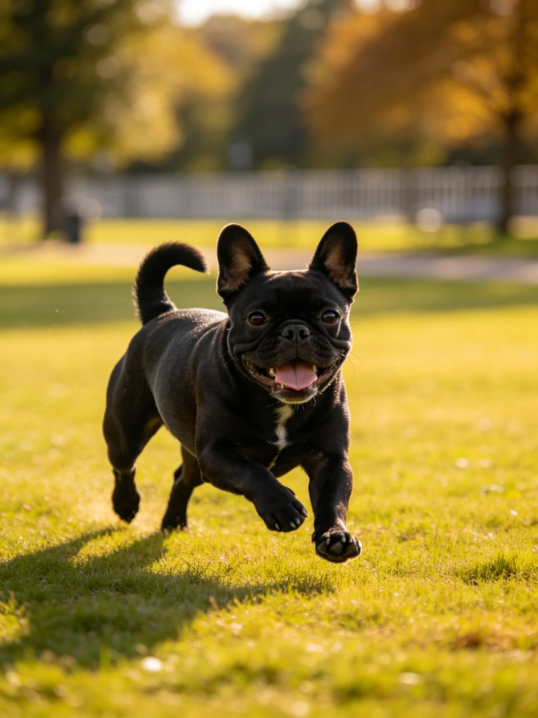 A black French bulldog joyfully runs on a sunlit grassy field