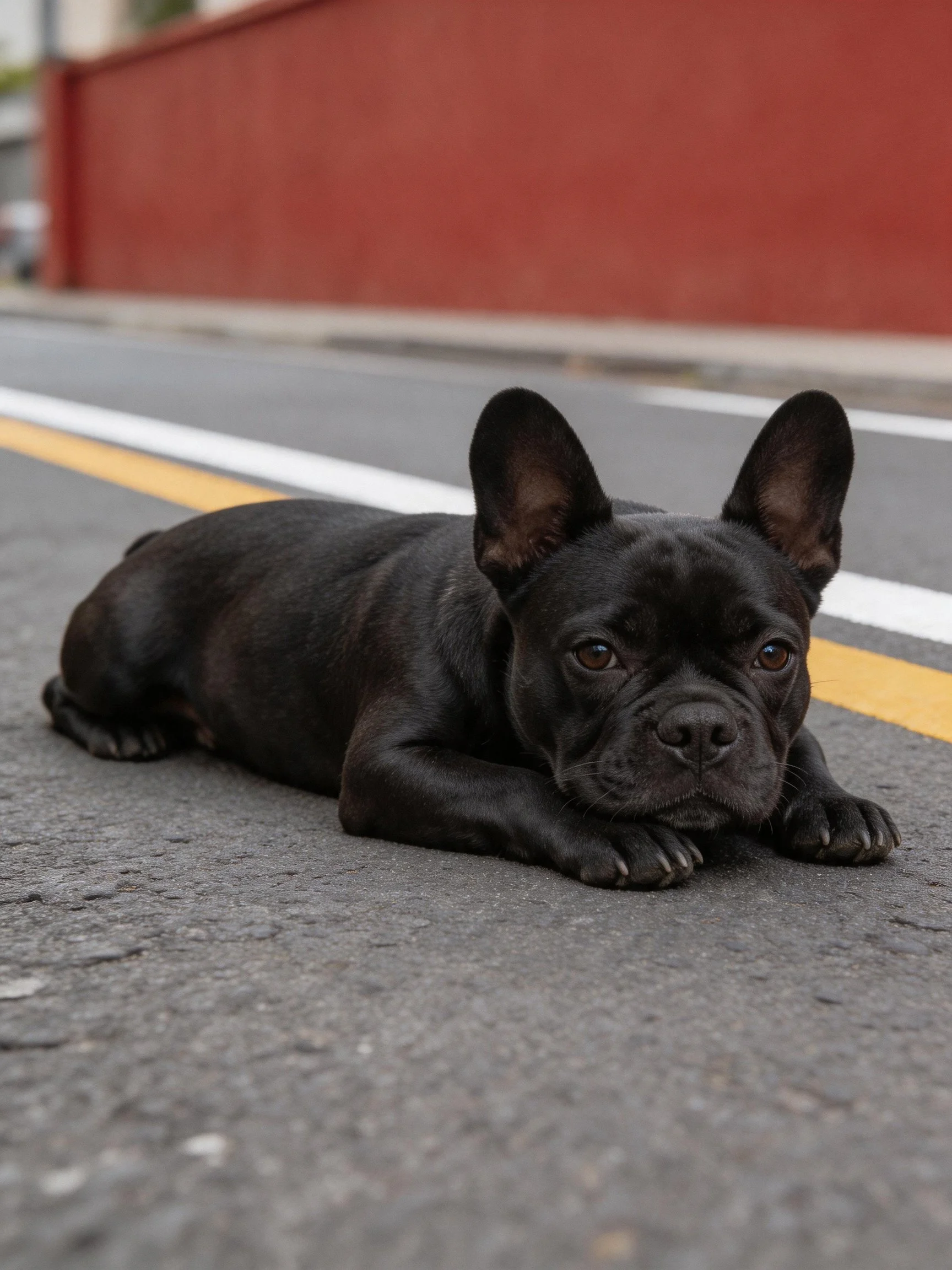 A black French bulldog lying on an asphalt road near a red wall