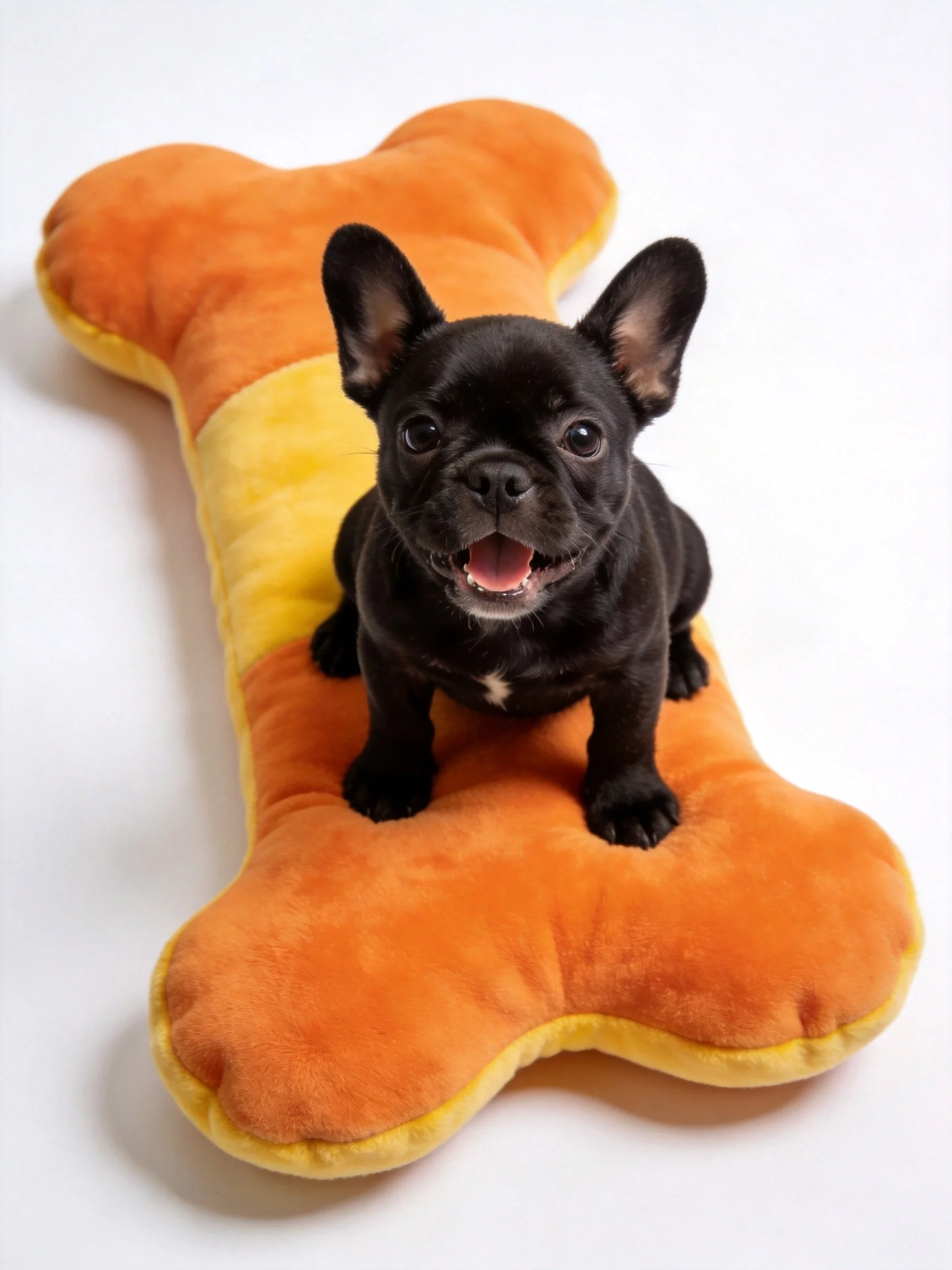 A small black dog sits cheerfully on a colorful stuffed bone cushion