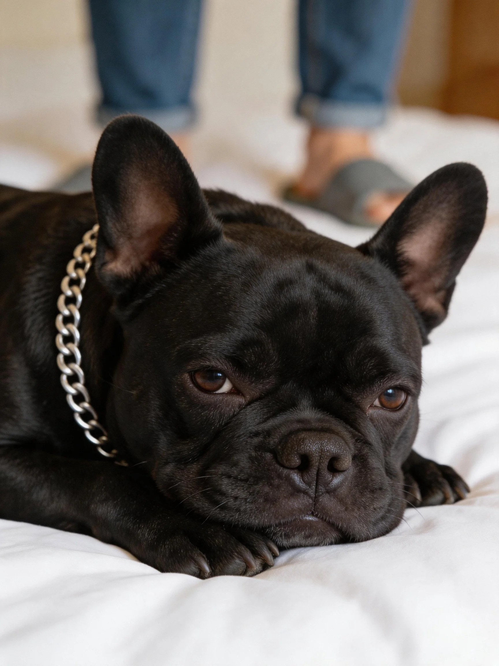 A black French bulldog rests on a white bed with a silver chain collar