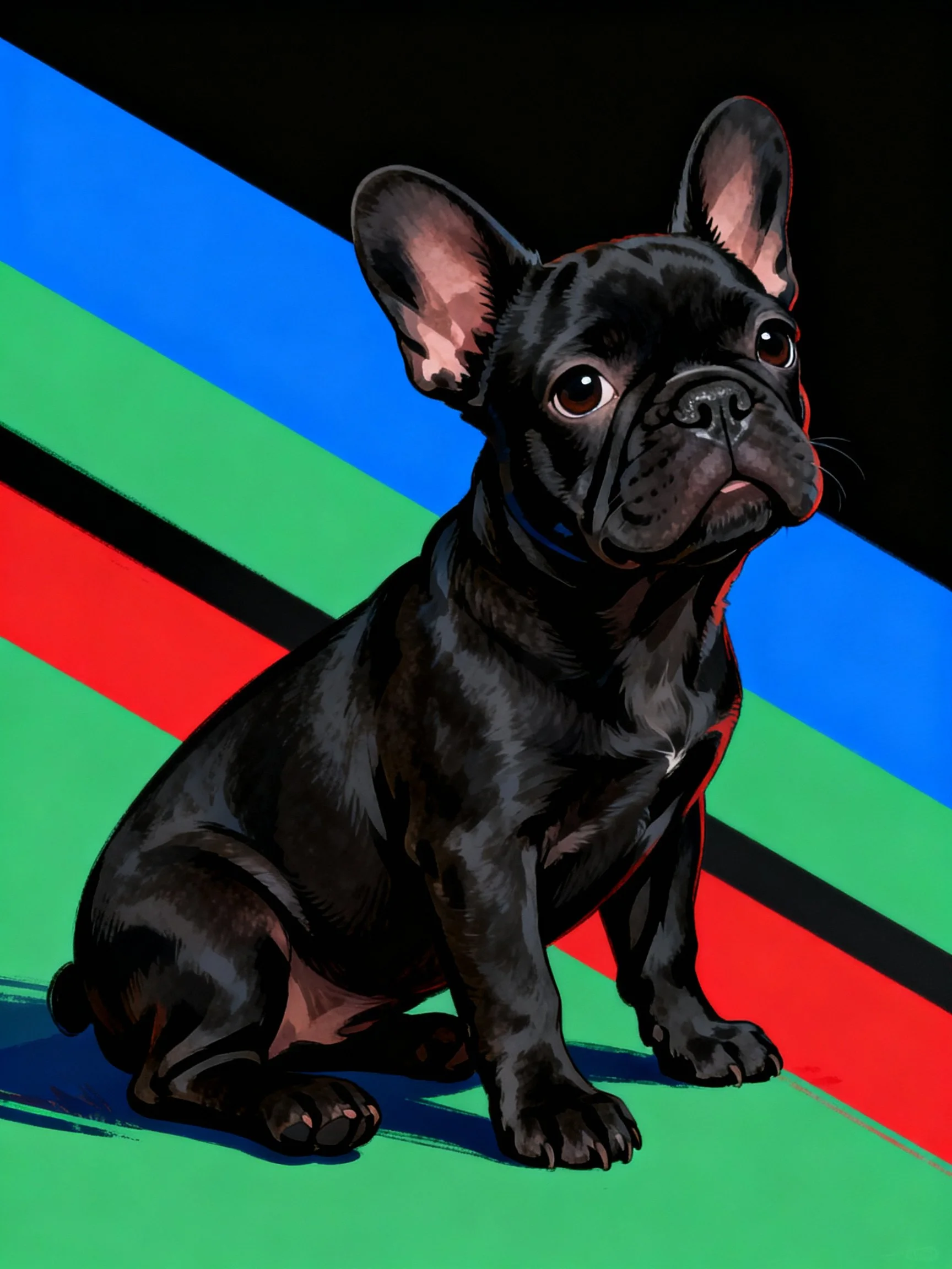 A black French bulldog sits amid bold, colorful diagonal stripes