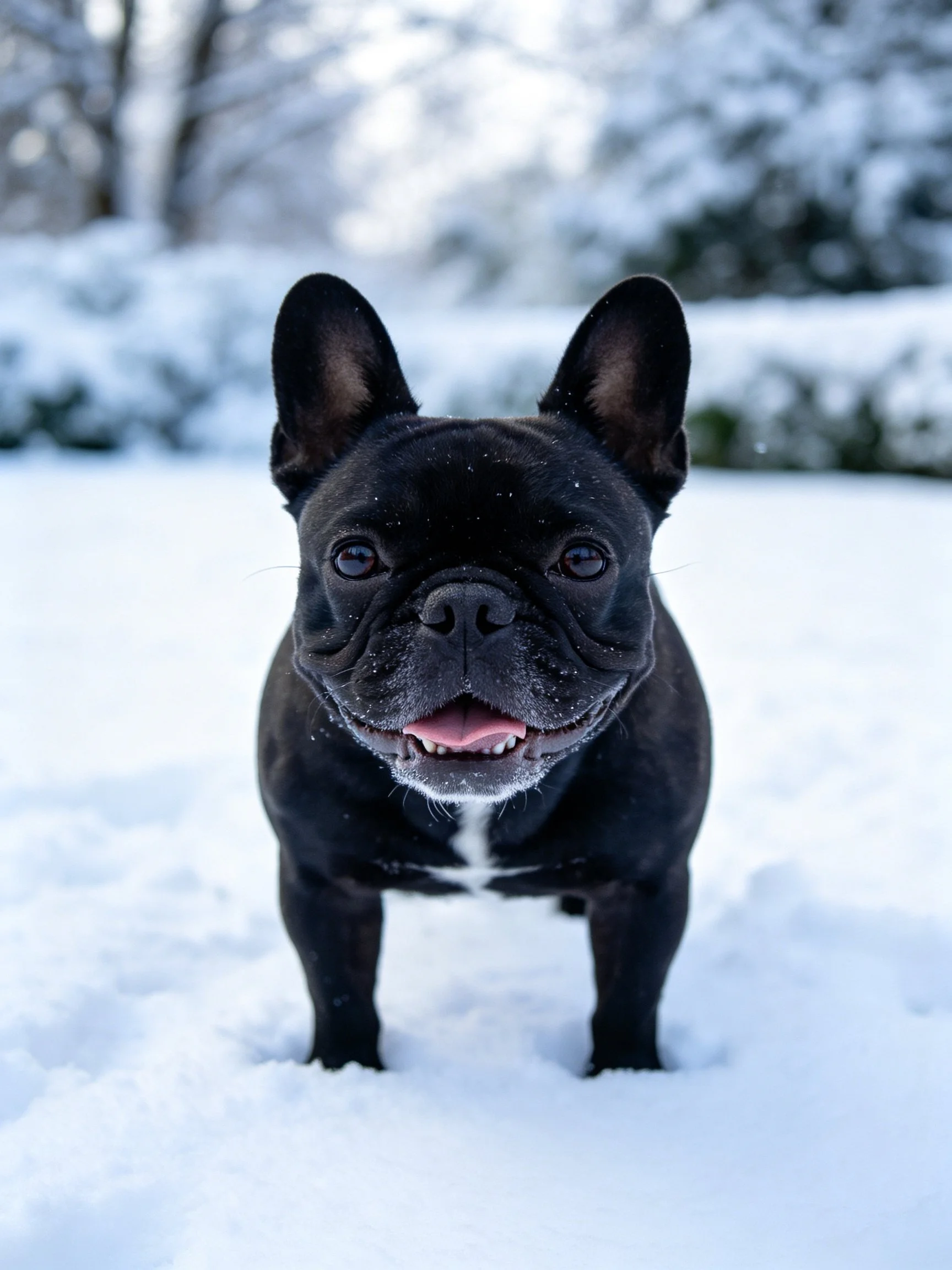 A black French bulldog stands in a snowy environment.