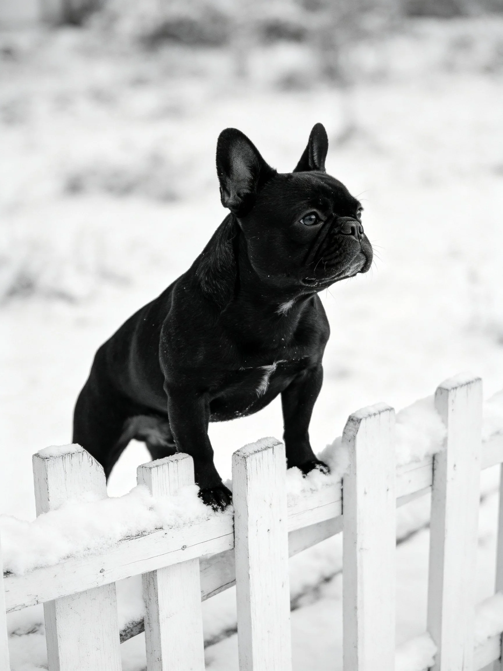 A black French bulldog stands on a snow-laden picket fence
