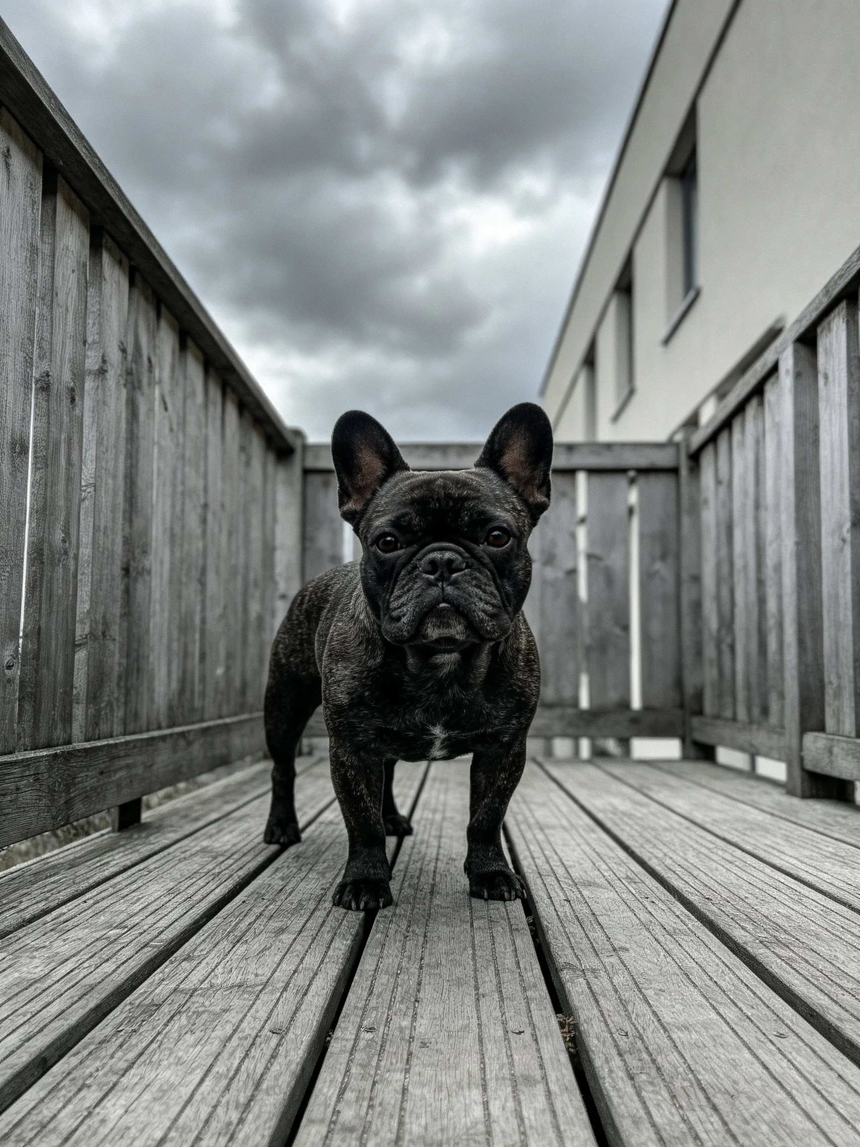 A black French bulldog stands on a weathered wooden deck under gray clouds