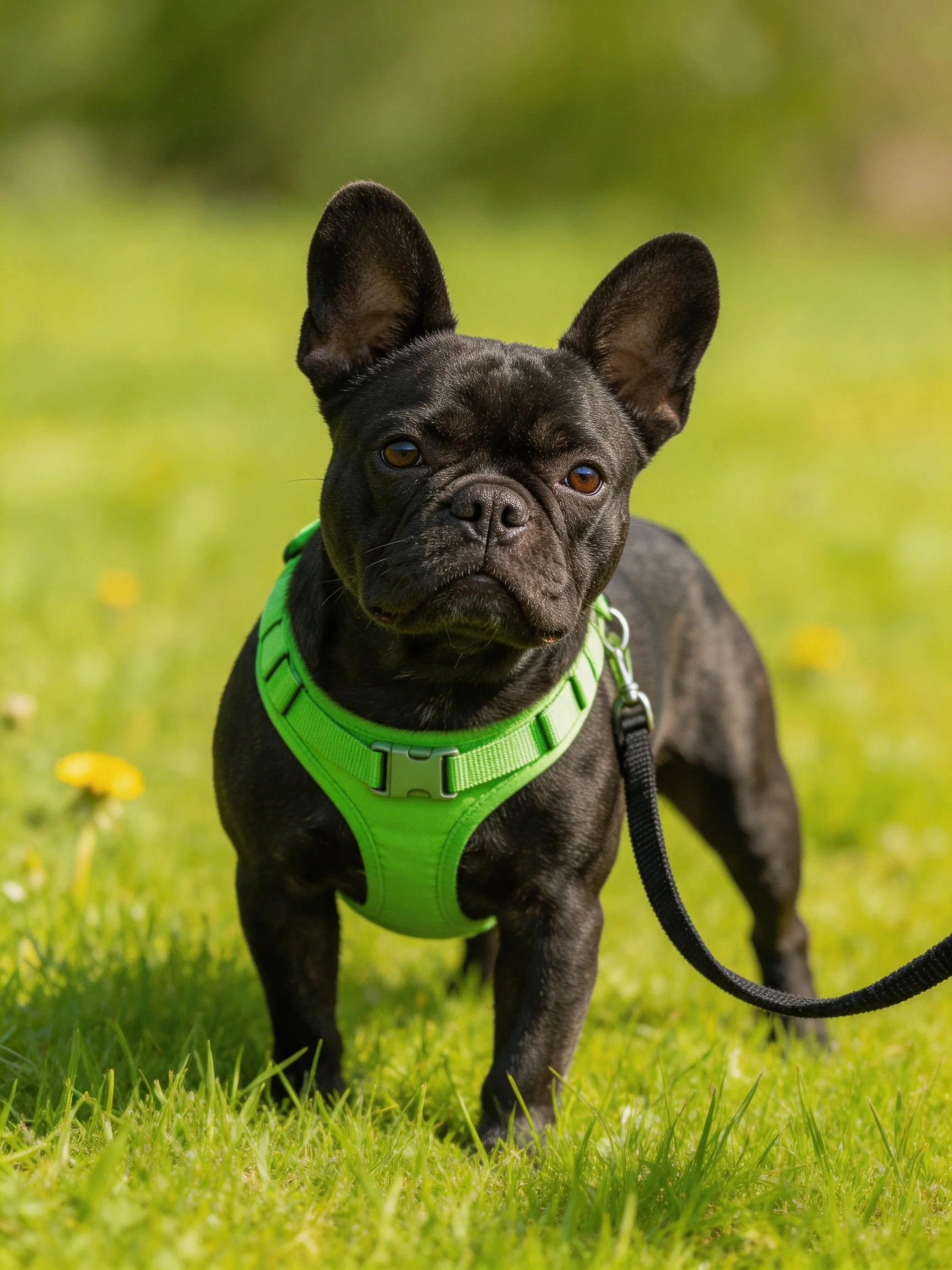 A black French bulldog stands on grass with a bright green harness attached to a leash.