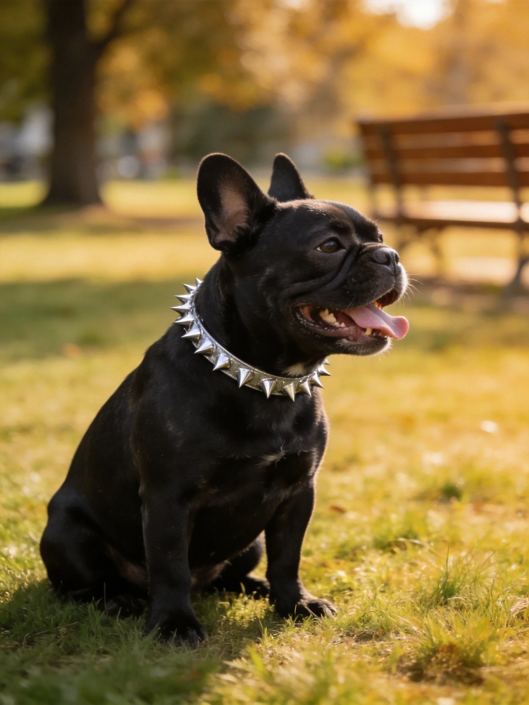 A black French bulldog with spiked collar sits in a sunlit park