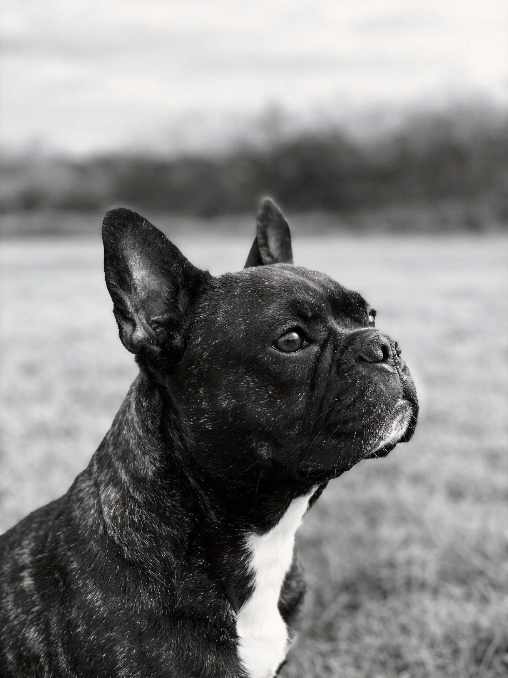 A black French bulldog with upright ears gazes into the distance