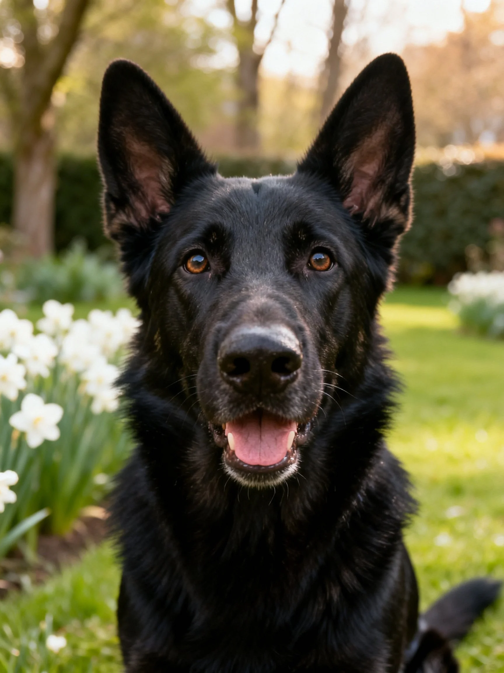 A black German Shepherd sits amid white blooms in a sunlit garden.