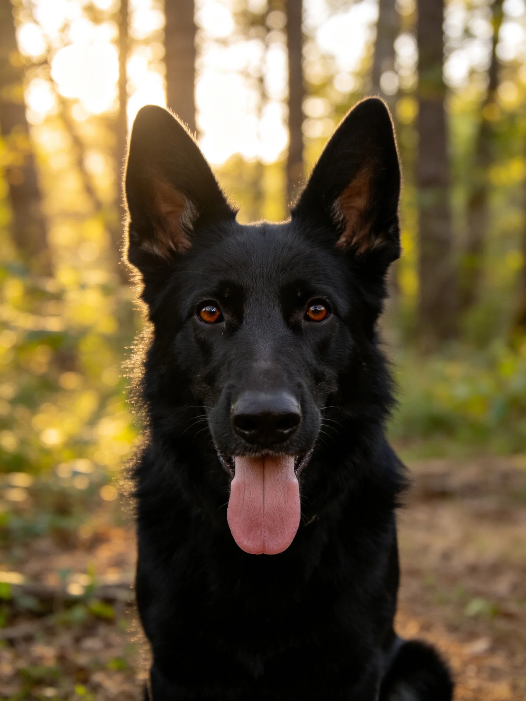 A black German Shepherd dog is shown in a sunlit forest.