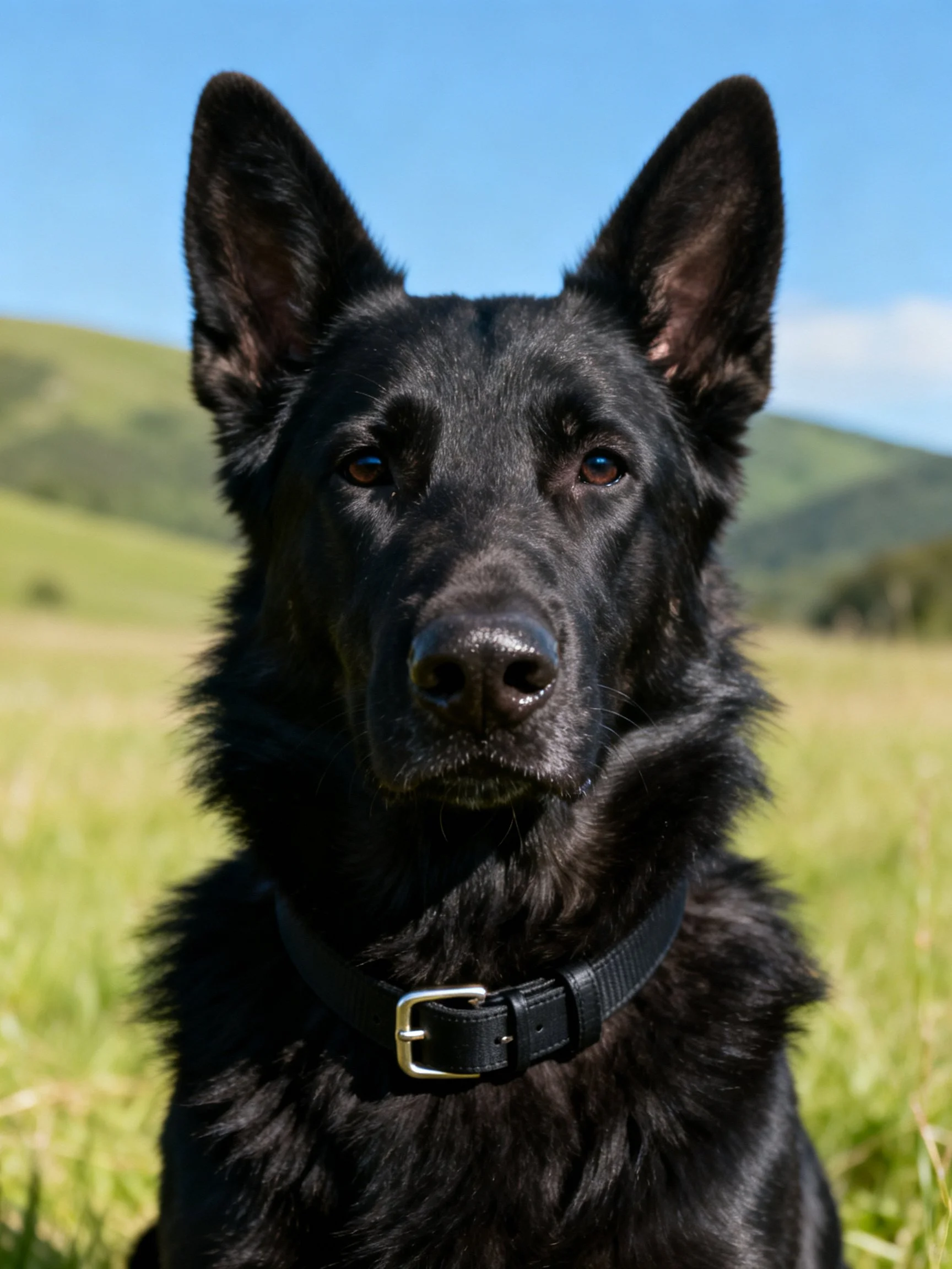 A black German Shepherd dog stands alert in a sunny, grassy outdoor environment.