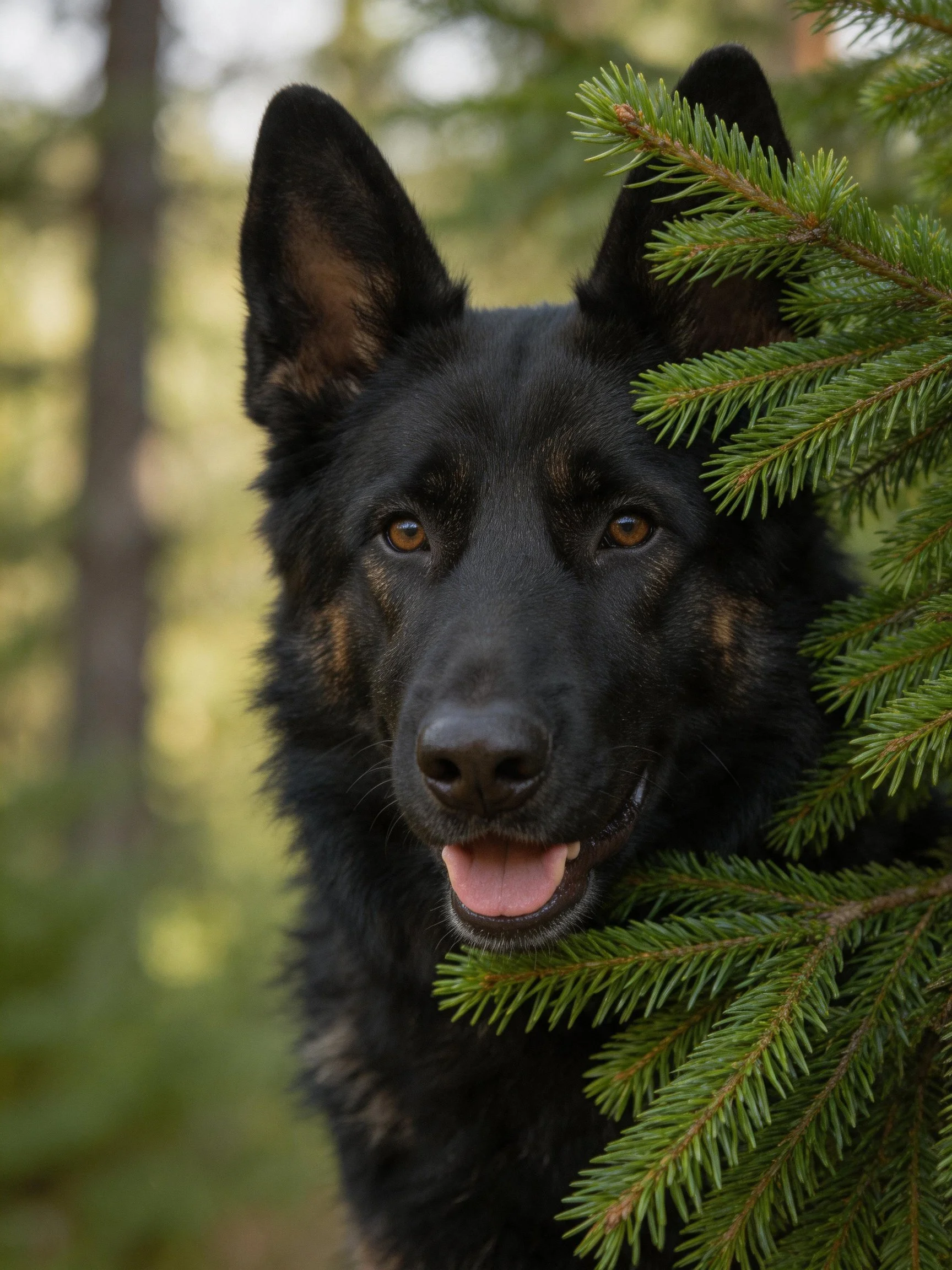 A black German Shepherd hiding among pine branches in a forest